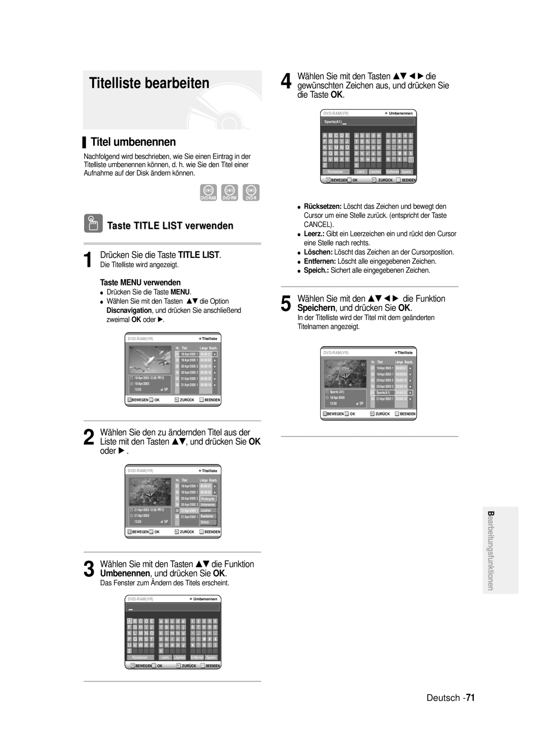 Samsung DVD-R121/XEG manual Titelliste bearbeiten, Titel umbenennen, Taste Menu verwenden, …†, und drücken Sie Oder 