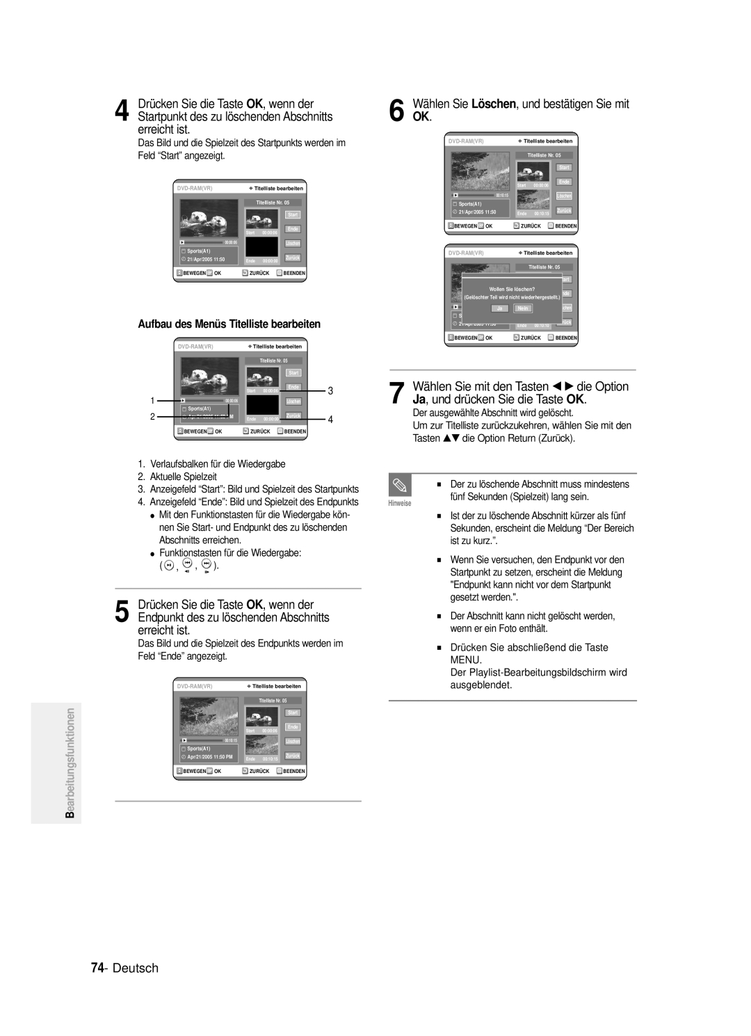 Samsung DVD-R121/XEG manual Erreicht ist, OK, wenn der, √ die Option, Aufbau des Menüs Titelliste bearbeiten 