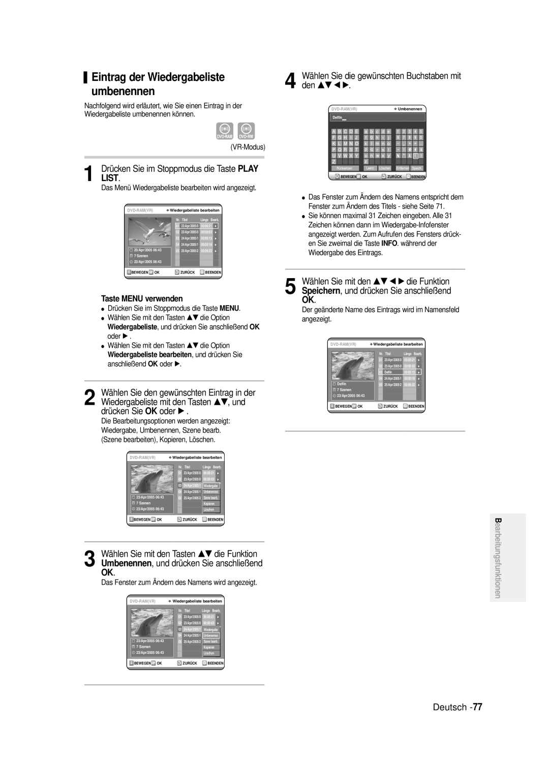 Samsung DVD-R121/XEG manual …†, und, Umbenennen, und drücken Sie anschließend OK, …† œ √ die Funktion, Angezeigt 