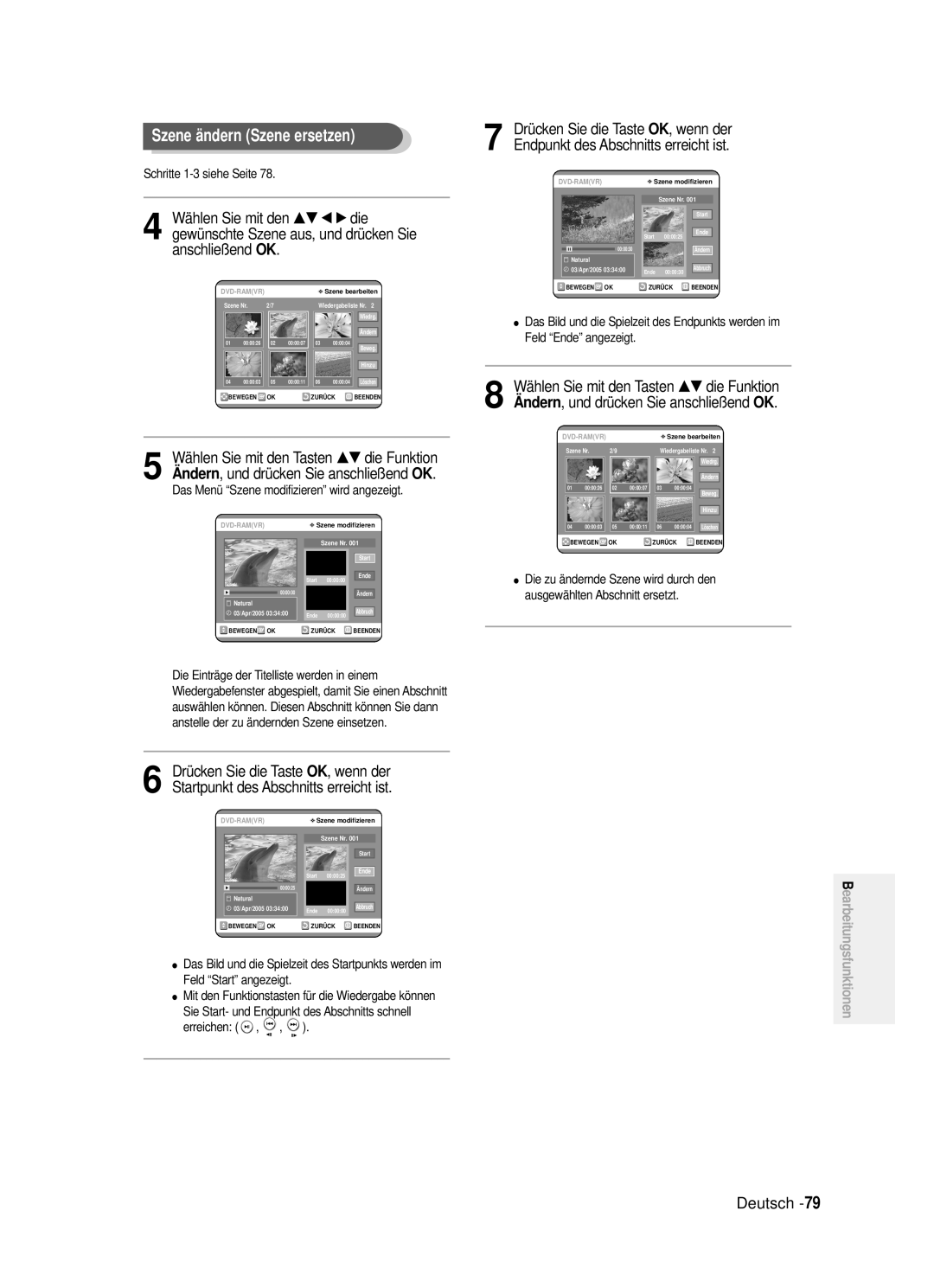 Samsung DVD-R121/XEG manual Szene ändern Szene ersetzen, …† die Funktion, Schritte 1-3 siehe Seite 