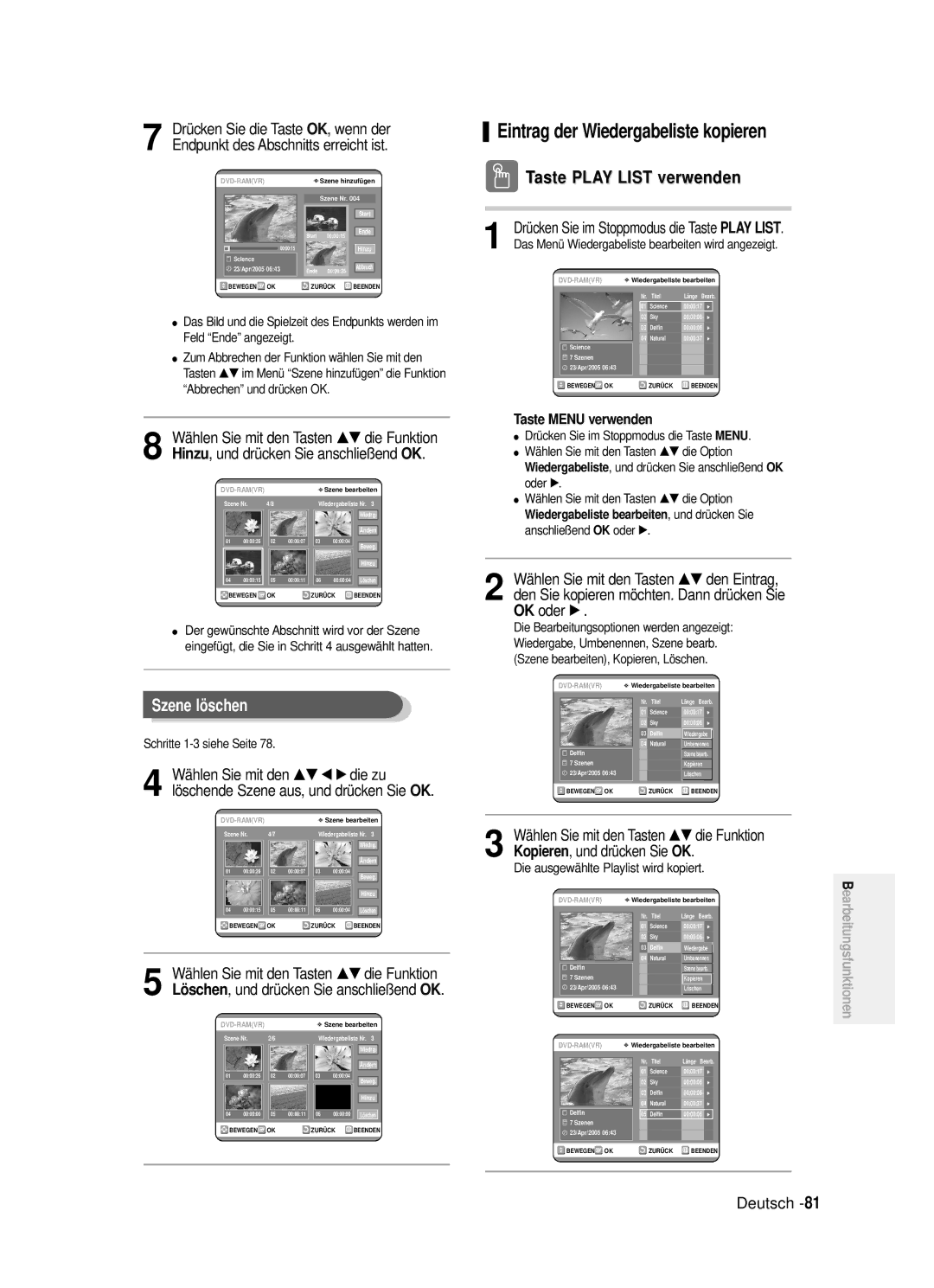 Samsung DVD-R121/XEG manual Szene löschen, Taste Play List verwenden, …† den Eintrag 