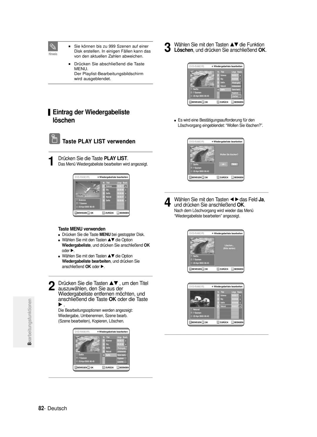 Samsung DVD-R121/XEG manual Taste Play List verwenden, Wiedergabeliste entfernen möchten, und 