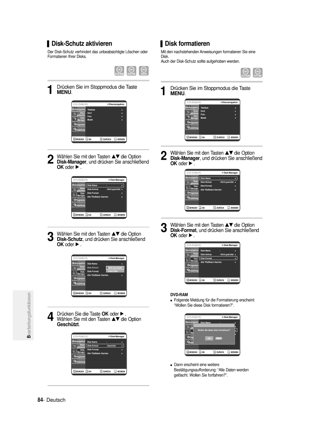 Samsung DVD-R121/XEG manual Disk-Schutz aktivieren, Disk formatieren, Geschützt, Disk-Schutz, und drücken Sie anschließend 