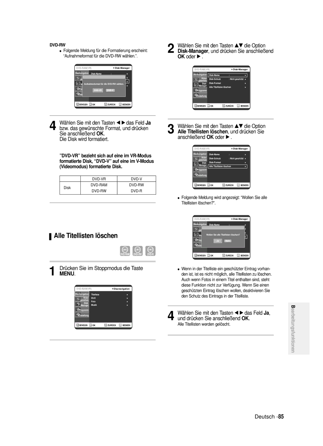 Samsung DVD-R121/XEG manual √ das Feld, Alle Titellisten löschen , und drücken Sie, Wählen Sie mit den Tasten 