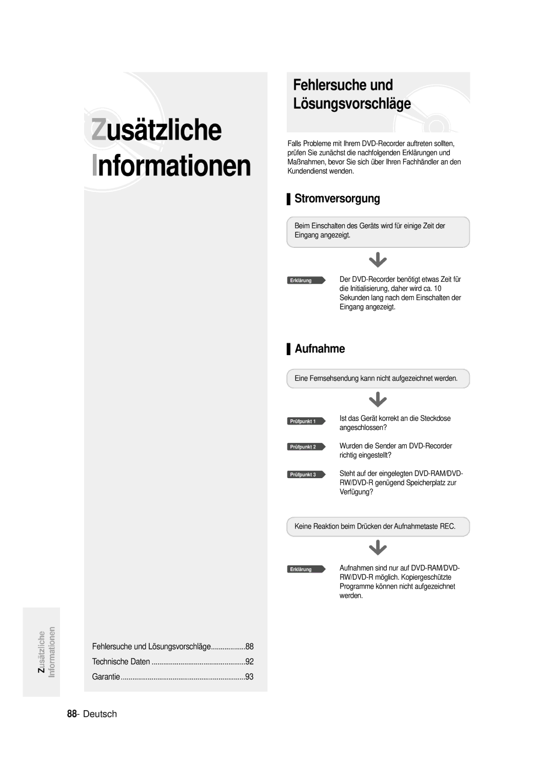 Samsung DVD-R121/XEG manual Stromversorgung, Aufnahme 