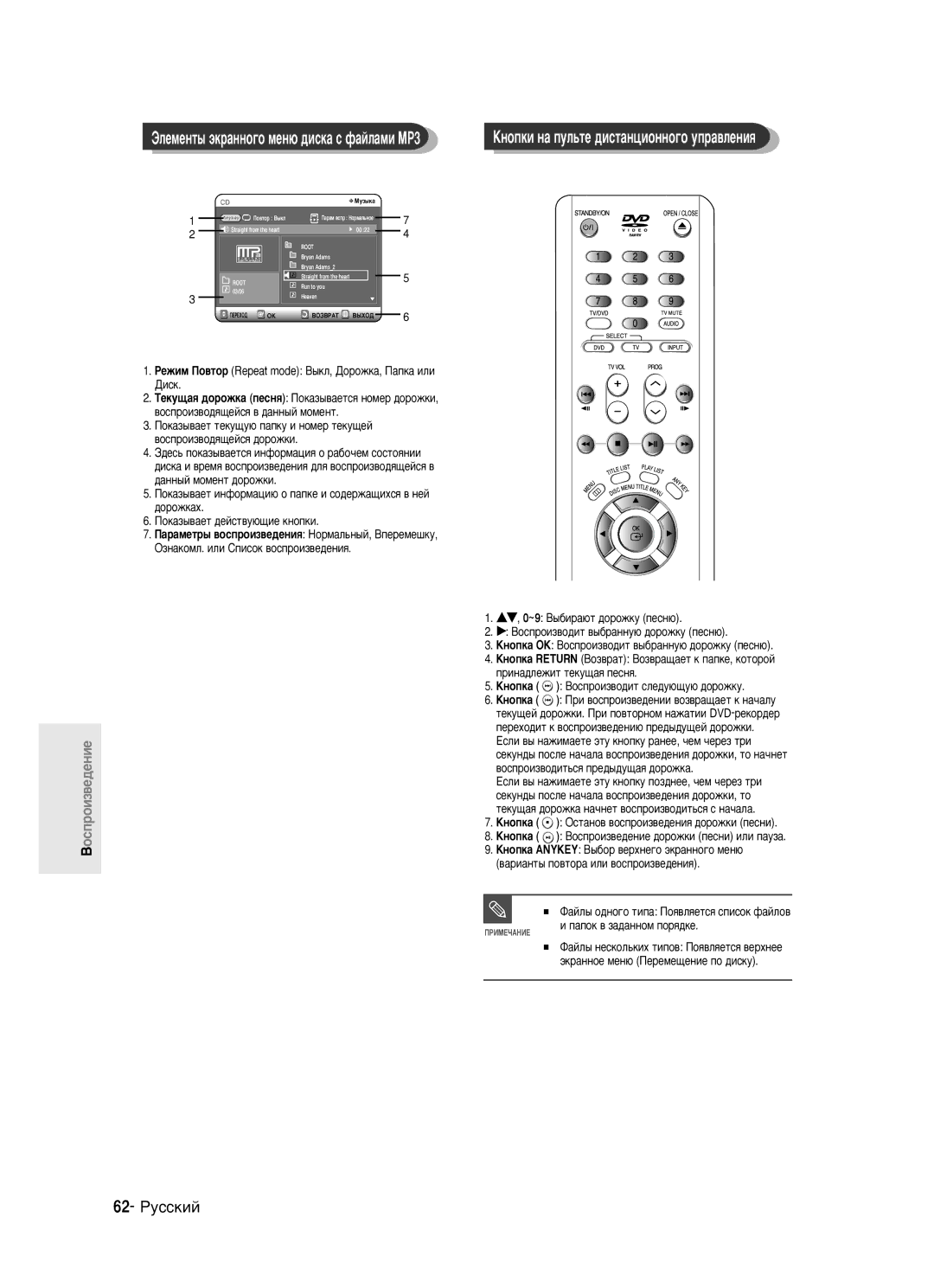 Samsung DVD-R121/XEV manual 62- êÛÒÒÍËÈ, ÙÎÂÏÂÌÚ˚ ˝Í‡ÌÌÓ„Ó ÏÂÌ˛ ‰ËÒÍ‡ Ò Ù‡ÈÎ‡ÏË MP3 