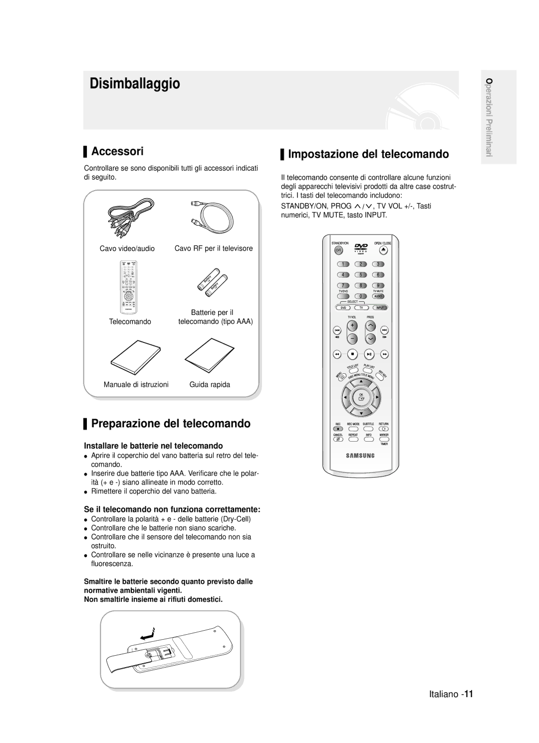 Samsung DVD-R121/XET, DVD-R123/XET Disimballaggio, Accessori, Preparazione del telecomando, Impostazione del telecomando 