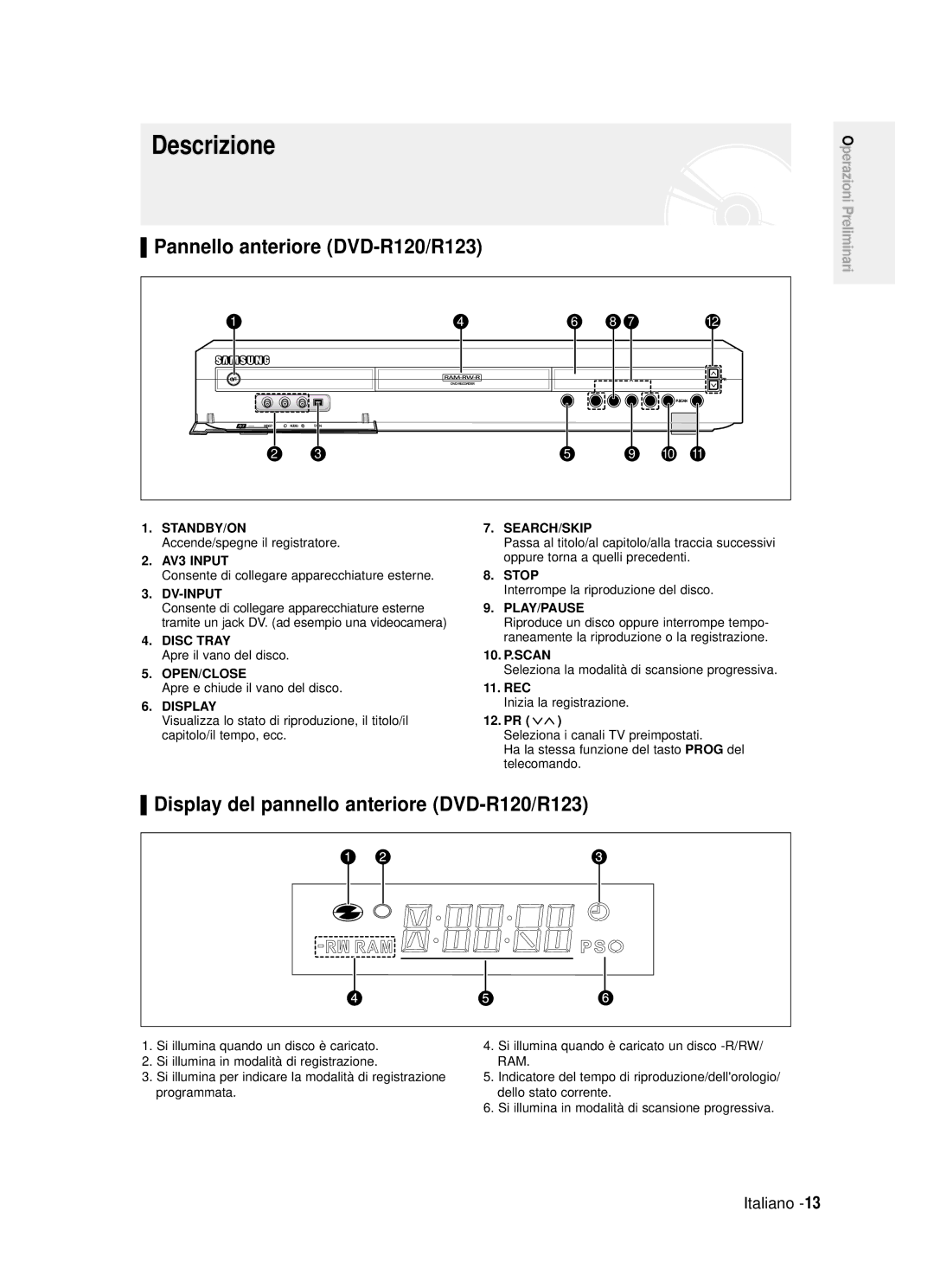 Samsung DVD-R121/XET manual Descrizione, Pannello anteriore DVD-R120/R123, Display del pannello anteriore DVD-R120/R123 