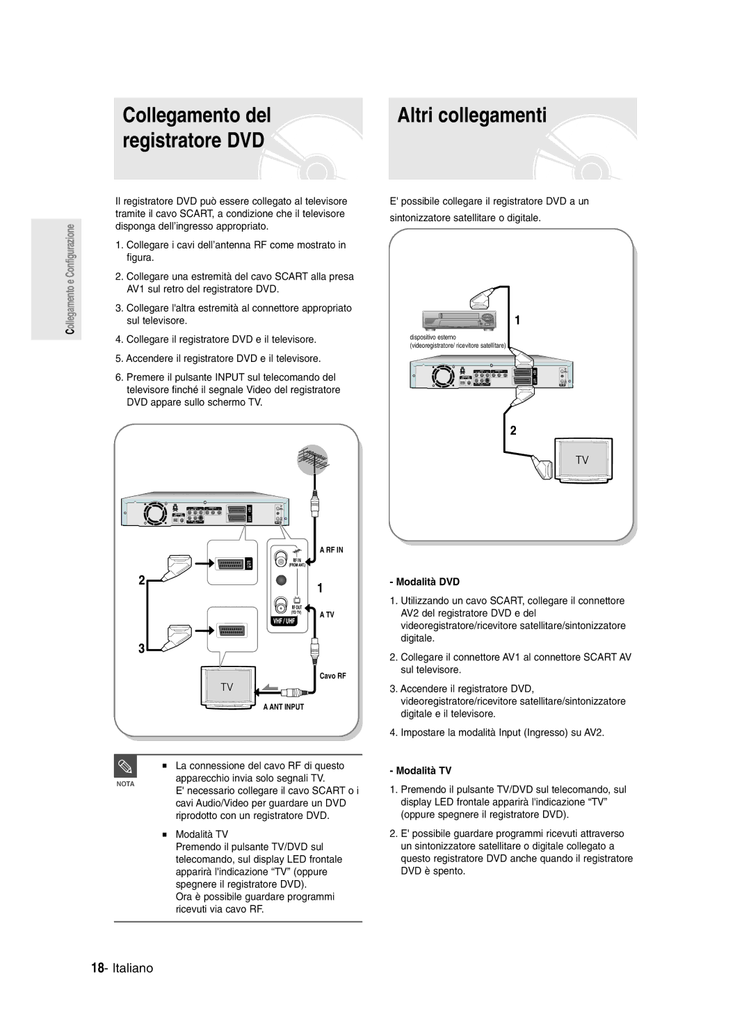 Samsung DVD-R123/XET, DVD-R121/XET manual Collegamento del, Registratore DVD, Modalità DVD, Modalità TV 