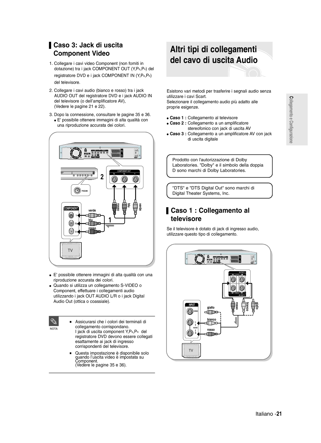 Samsung DVD-R121/XET, DVD-R123/XET manual Caso 3 Jack di uscita Component Video, Caso 1 Collegamento al televisore 