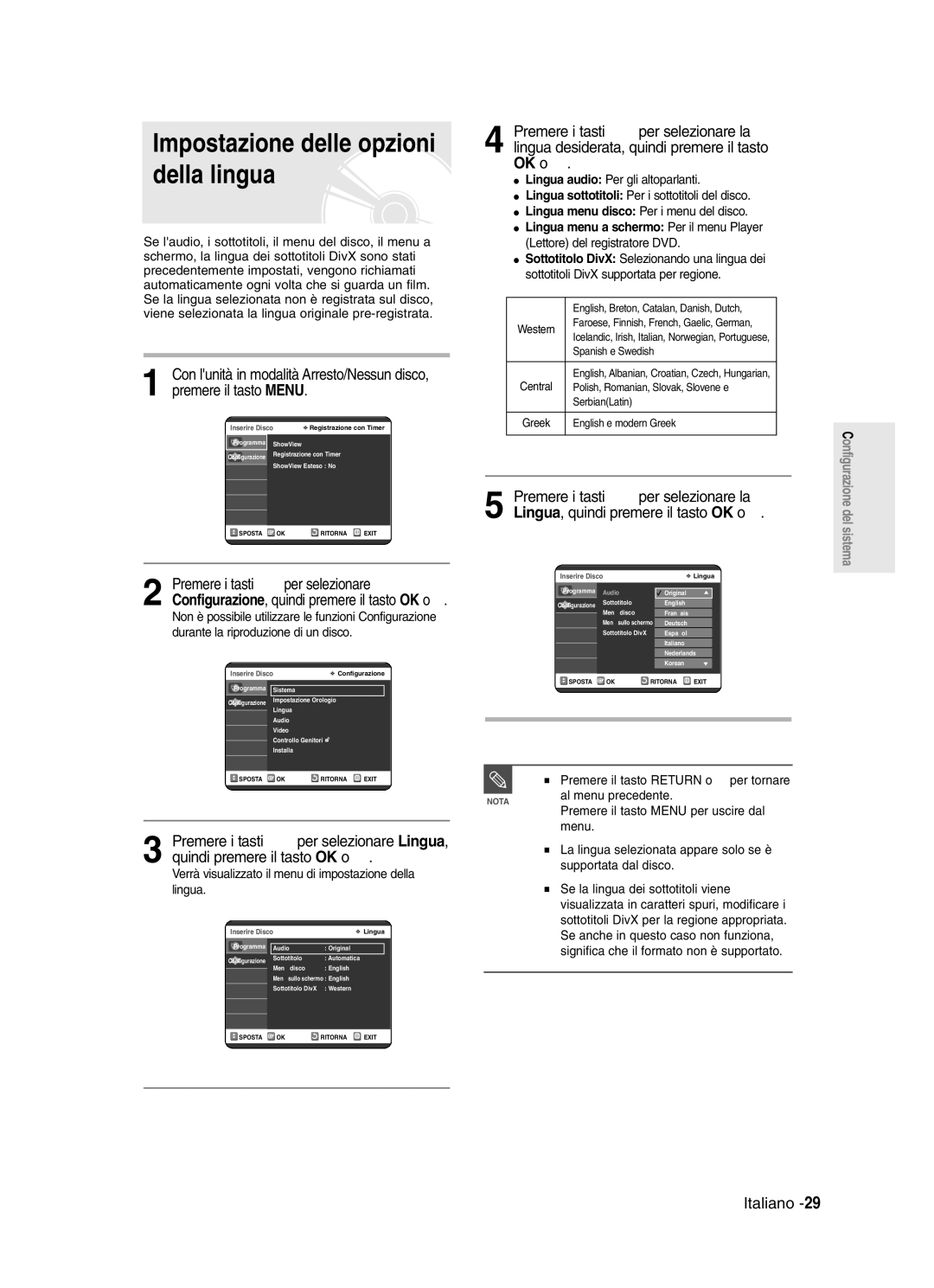 Samsung DVD-R121/XET, DVD-R123/XET manual Impostazione delle opzioni della lingua, Premere il tasto Menu 