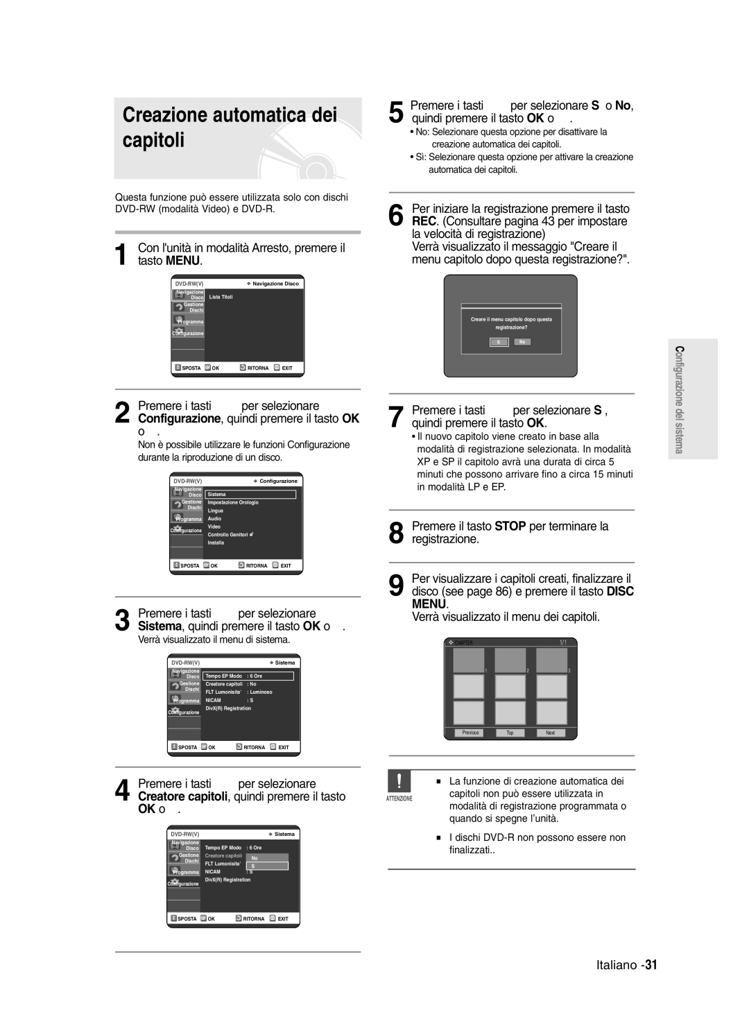 Samsung DVD-R121/XET, DVD-R123/XET manual Creazione automatica dei, Capitoli, Premere i tasti …† per selezionare, OK o √ 