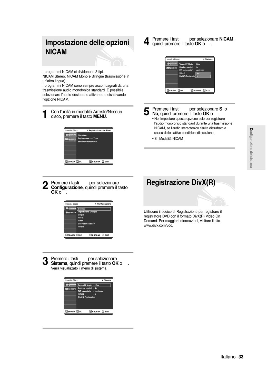 Samsung DVD-R121/XET, DVD-R123/XET Registrazione DivXR, No Impostare questa opzione solo per registrare, Sì Modalità Nicam 