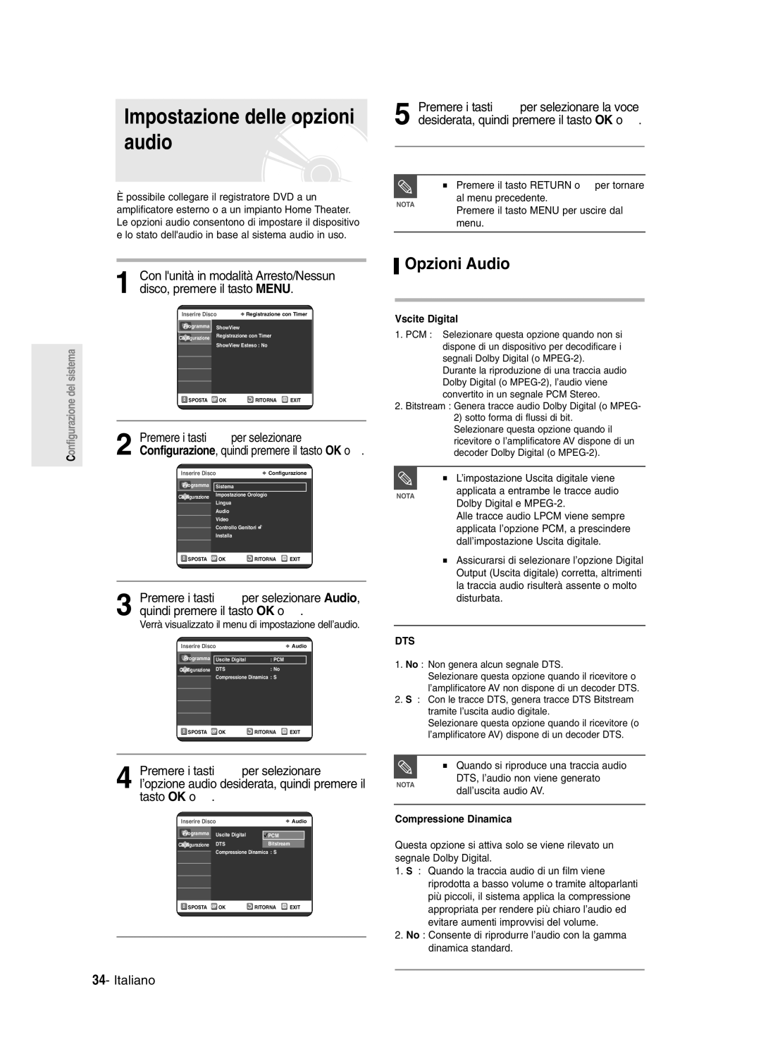 Samsung DVD-R123/XET Impostazione delle opzioni audio, Opzioni Audio, Con lunità in modalità Arresto/Nessun, Tasto OK o √ 