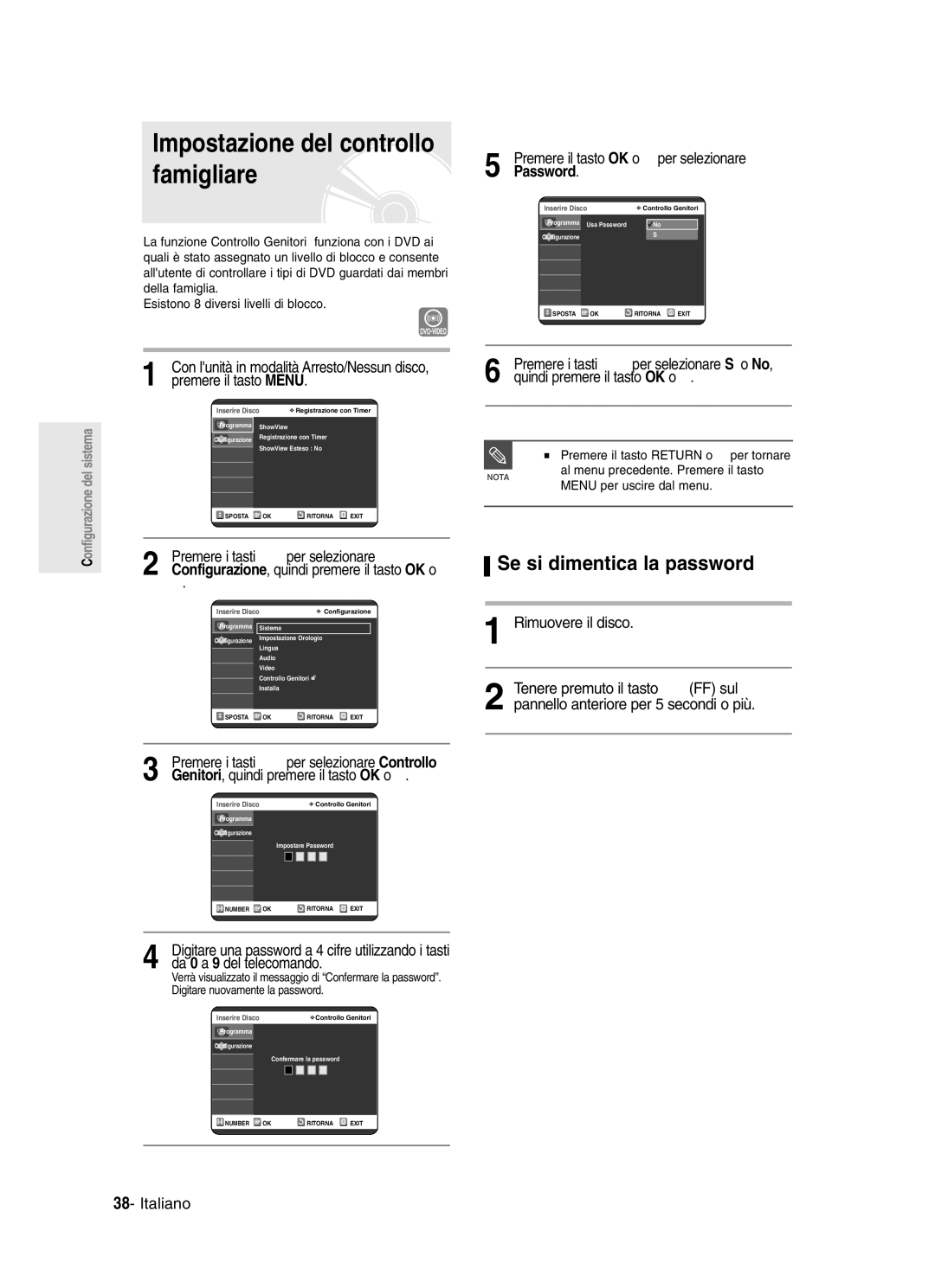 Samsung DVD-R123/XET manual Impostazione del controllo famigliare, Se si dimentica la password, Premere il tasto Menu 