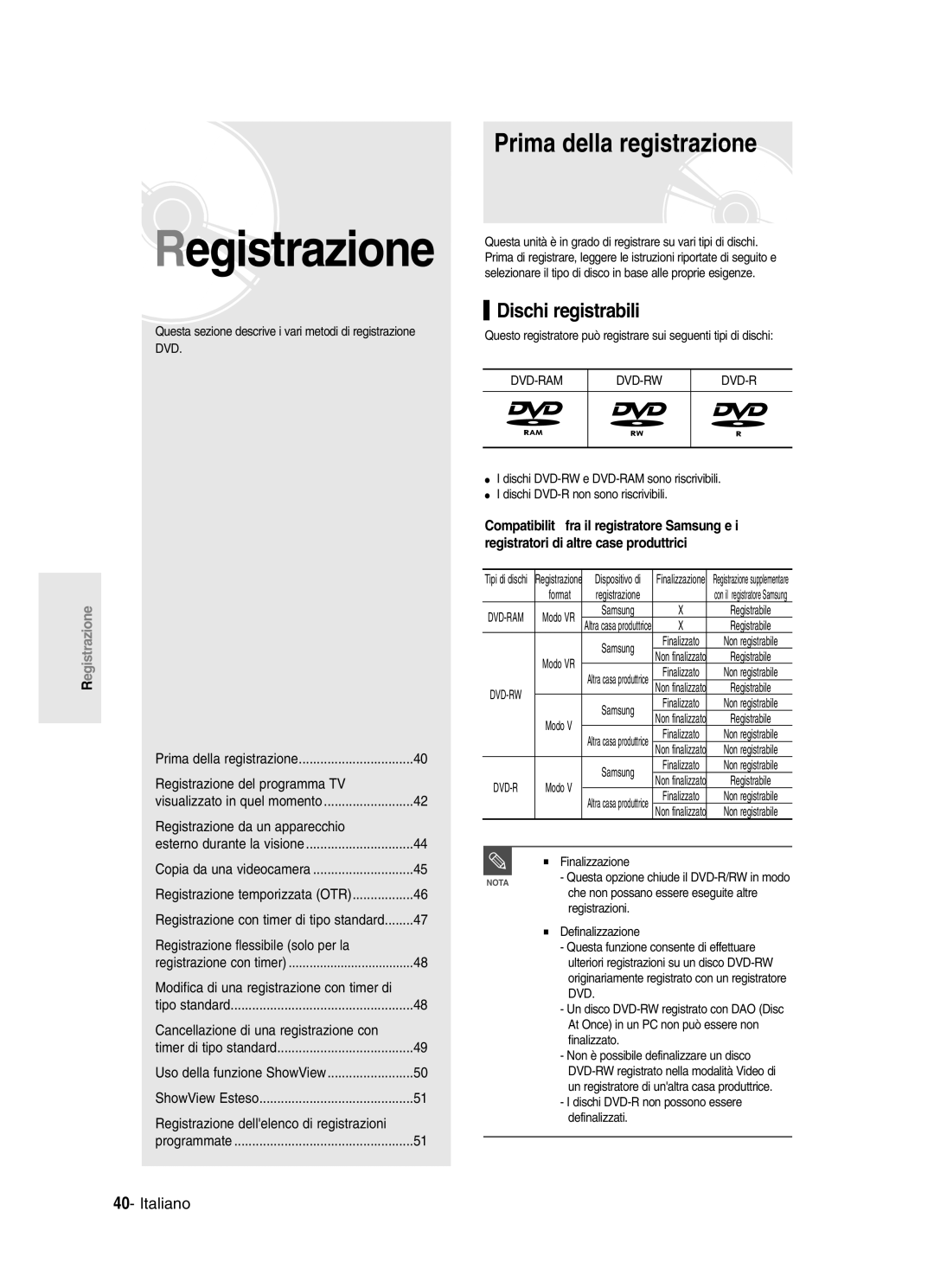 Samsung DVD-R123/XET, DVD-R121/XET manual Prima della registrazione, Dischi registrabili, Dvd-Ram Dvd-Rw 