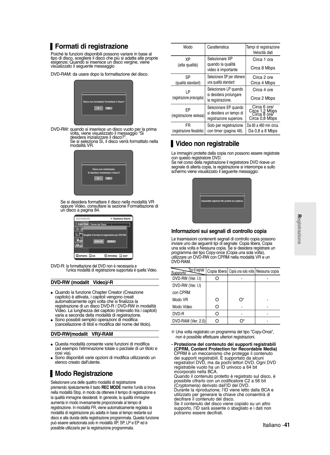 Samsung DVD-R121/XET, DVD-R123/XET manual Formati di registrazione, Modo Registrazione, Video non registrabile 