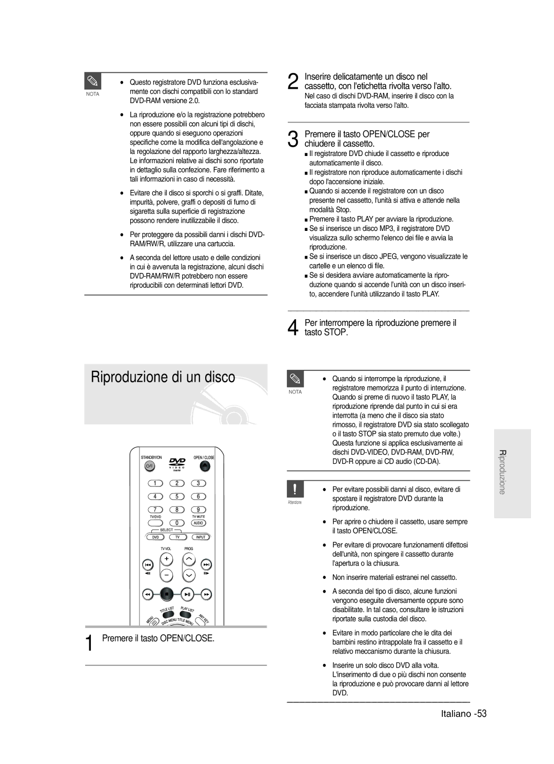 Samsung DVD-R121/XET, DVD-R123/XET manual Riproduzione di un disco, Per interrompere la riproduzione premere il tasto Stop 