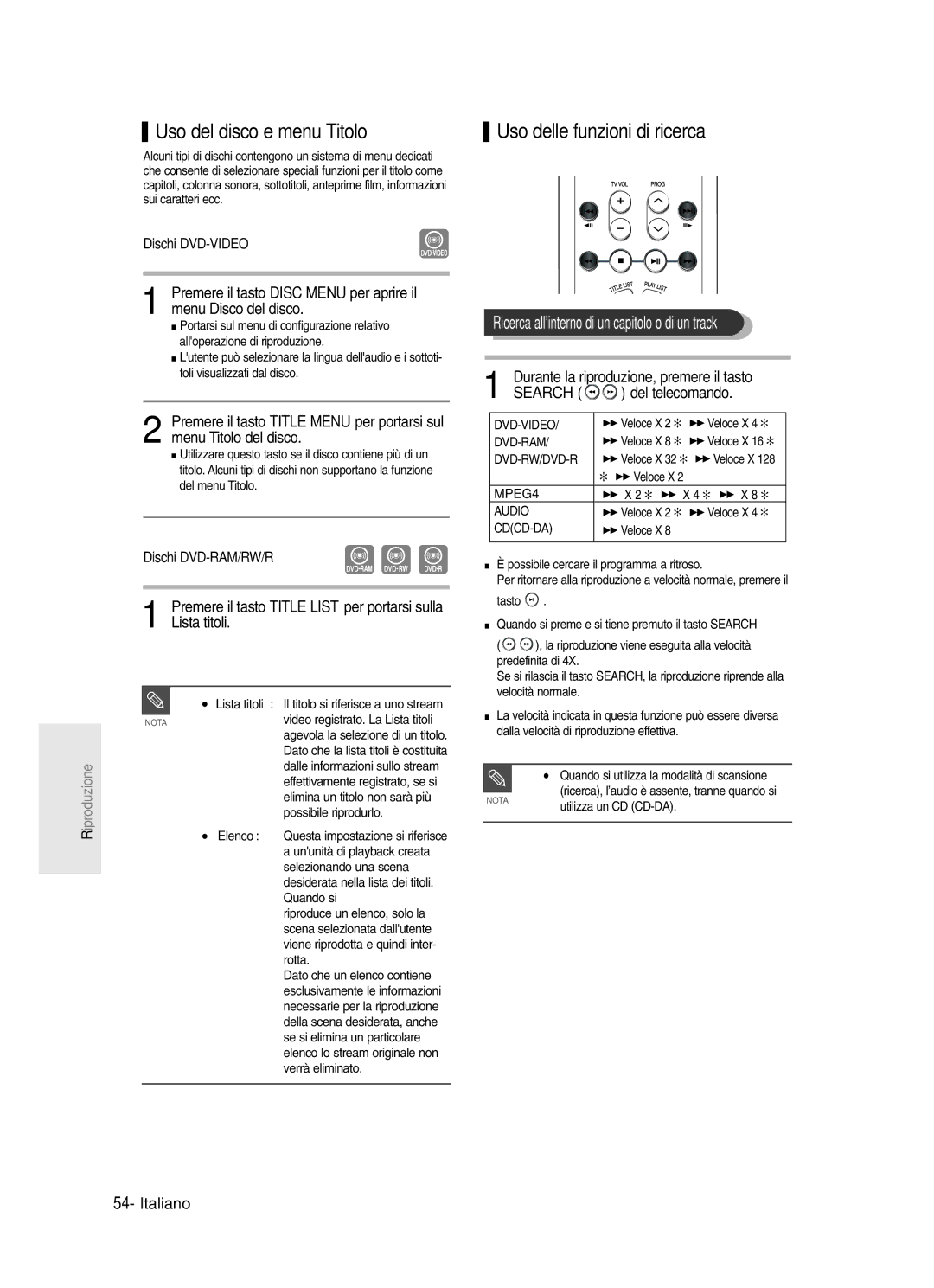 Samsung DVD-R123/XET, DVD-R121/XET manual Uso del disco e menu Titolo, Uso delle funzioni di ricerca, Lista titoli 