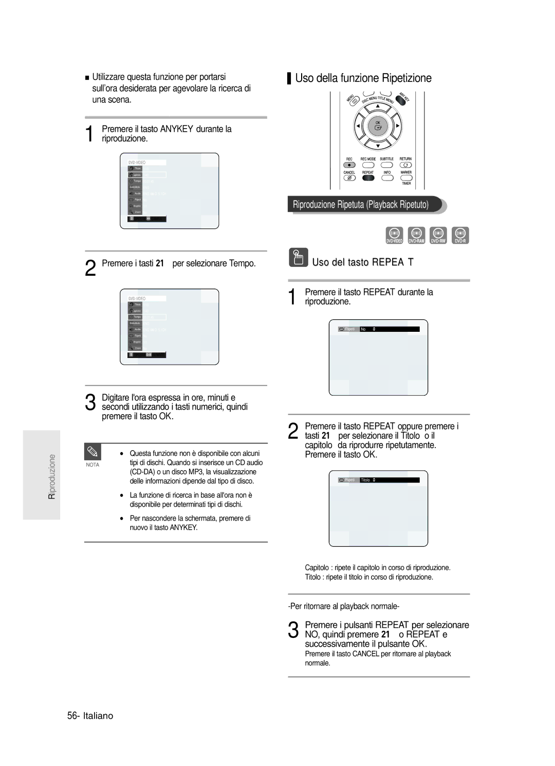 Samsung DVD-R123/XET manual Uso della funzione Ripetizione, Riproduzione Ripetuta Playback Ripetuto, Uso del tasto Repeat 