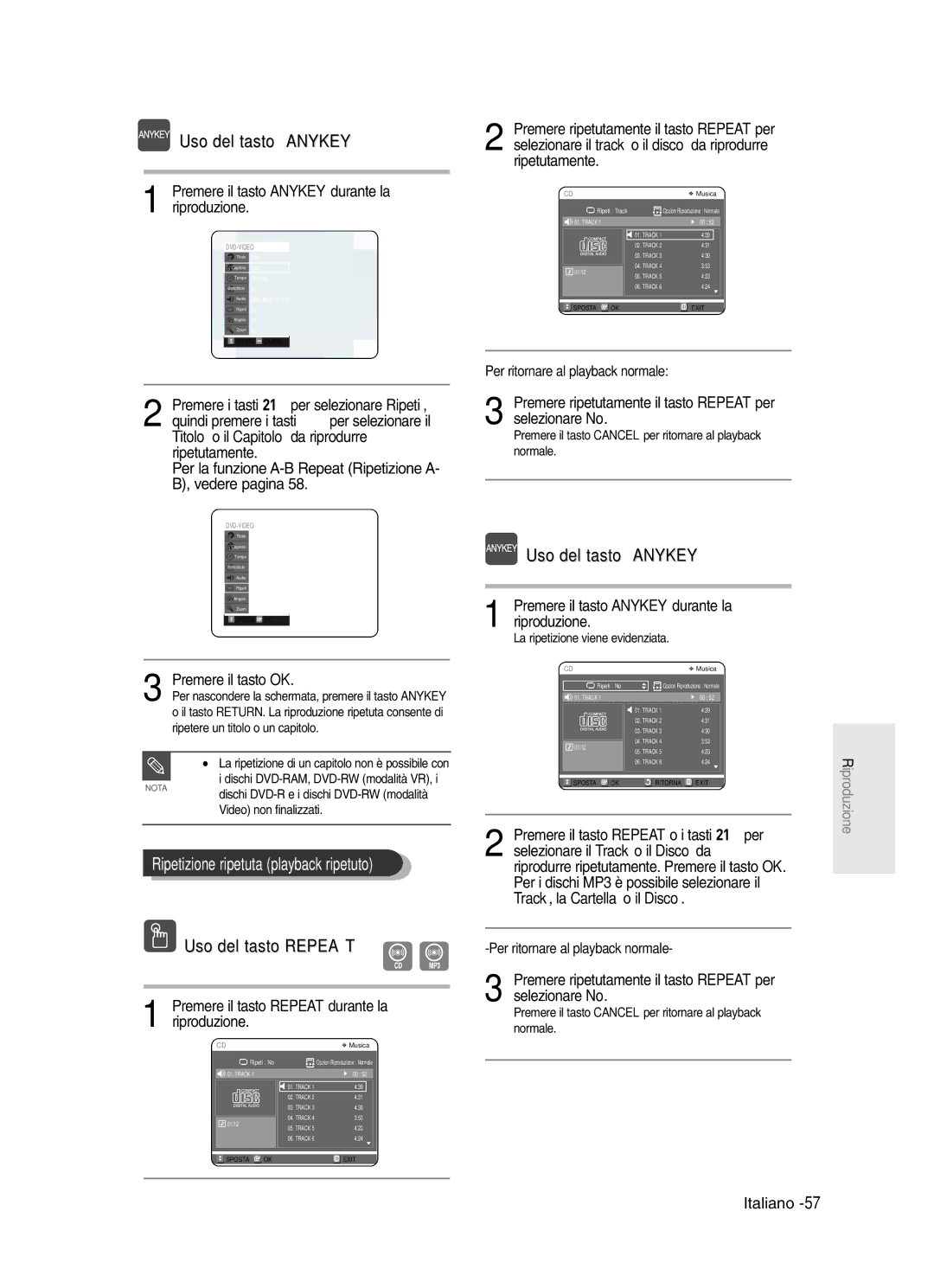 Samsung DVD-R121/XET, DVD-R123/XET manual Uso del tasto Anykey, Ripetizione ripetuta playback ripetuto 