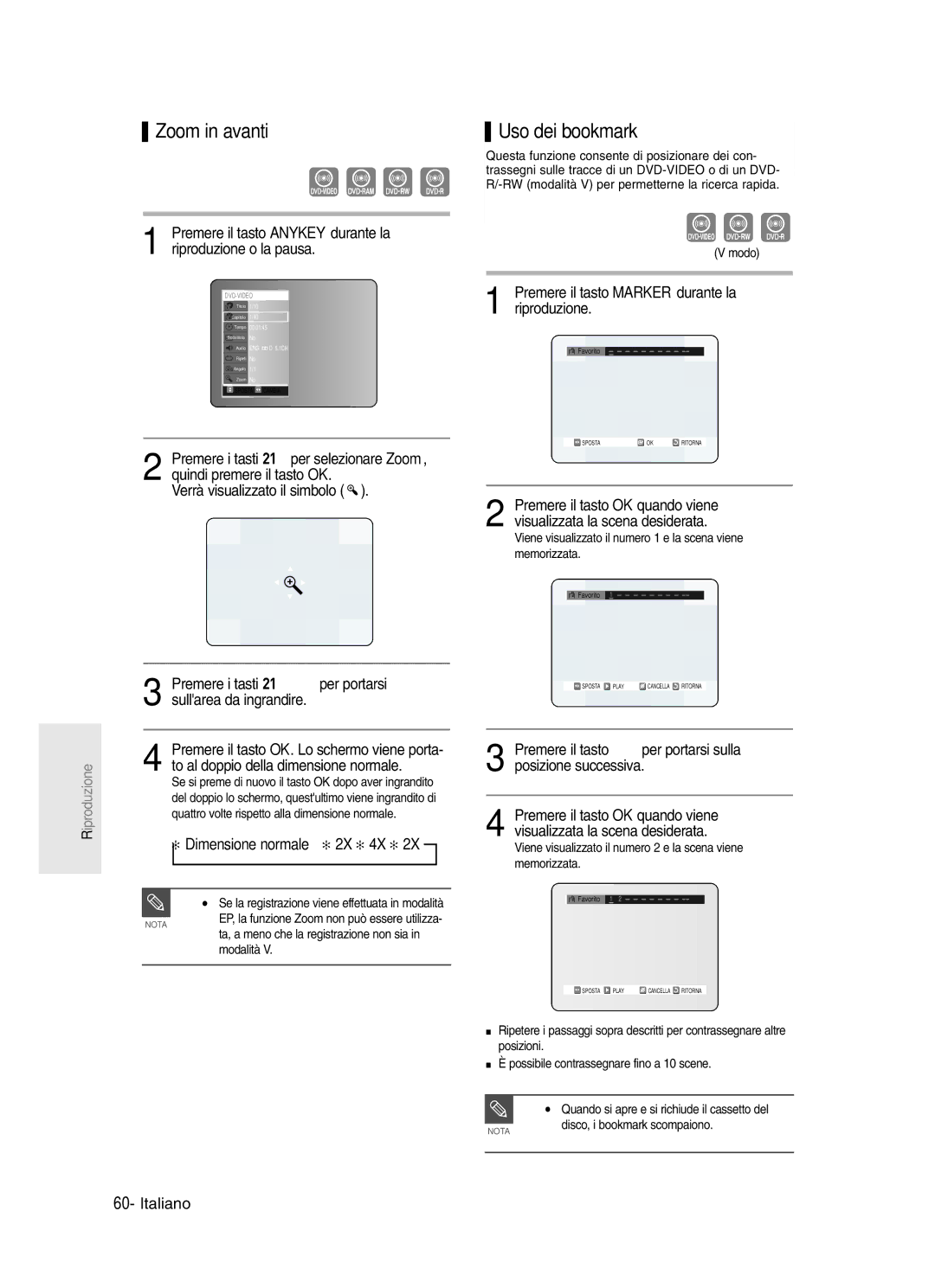 Samsung DVD-R123/XET, DVD-R121/XET manual Zoom in avanti, Uso dei bookmark, Premere il tasto Marker durante la riproduzione 