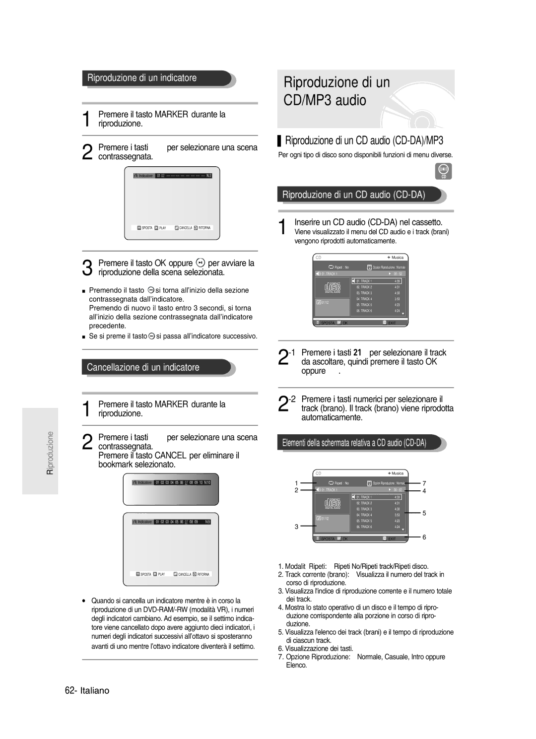 Samsung DVD-R123/XET manual Riproduzione di un CD/MP3 audio, Riproduzione di un indicatore, Cancellazione di un indicatore 