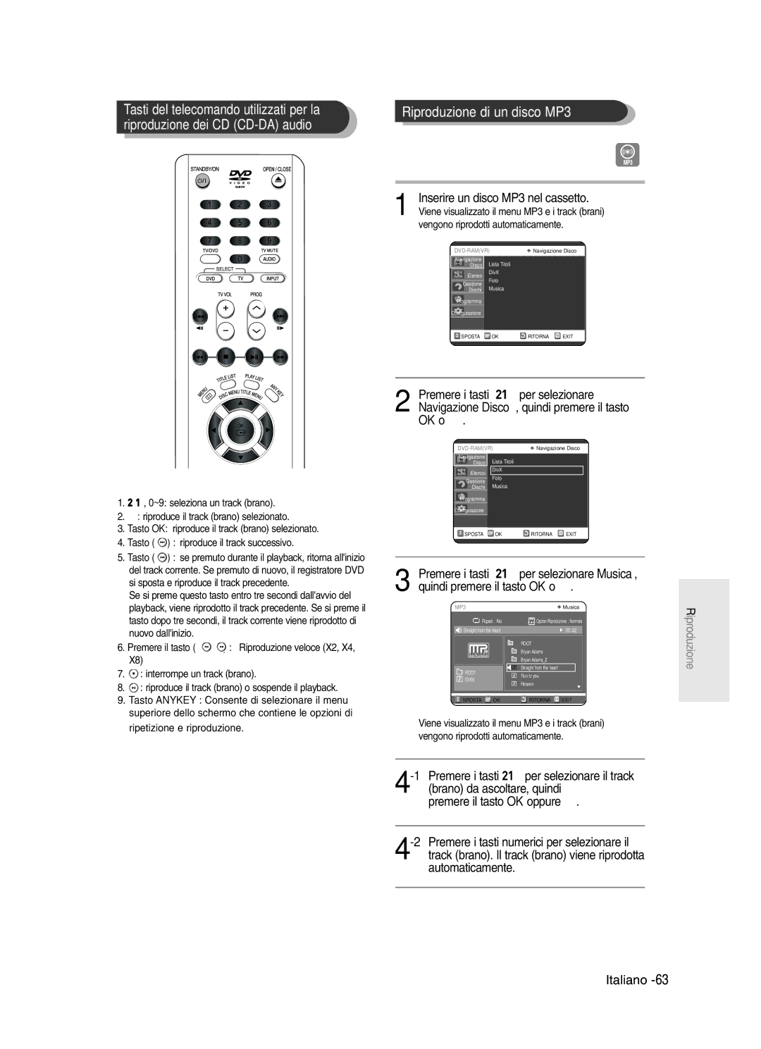 Samsung DVD-R121/XET Tasti del telecomando utilizzati per la, Riproduzione dei CD CD-DA audio, Ripetizione e riproduzione 