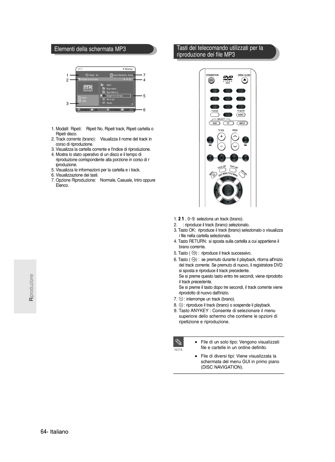 Samsung DVD-R123/XET, DVD-R121/XET manual Elementi della schermata MP3, Disc Navigation 