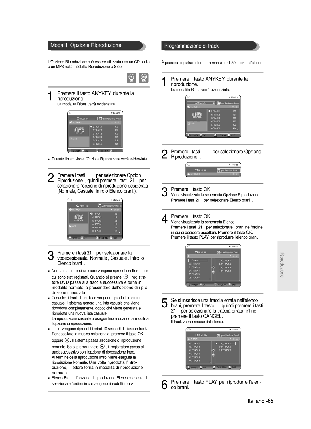 Samsung DVD-R121/XET, DVD-R123/XET manual Modalità Opzione Riproduzione, Elenco brani, Programmazione di track 