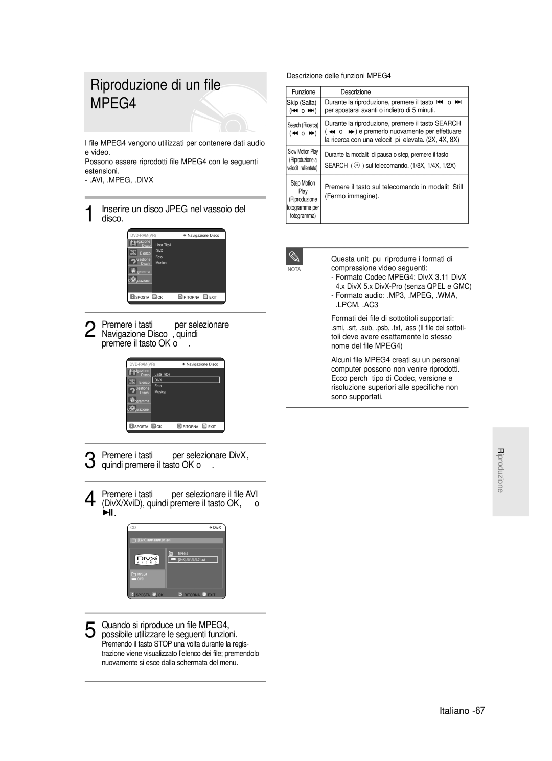 Samsung DVD-R121/XET manual Riproduzione di un file MPEG4, Inserire un disco Jpeg nel vassoio del disco, Avi, .Mpeg, .Divx 