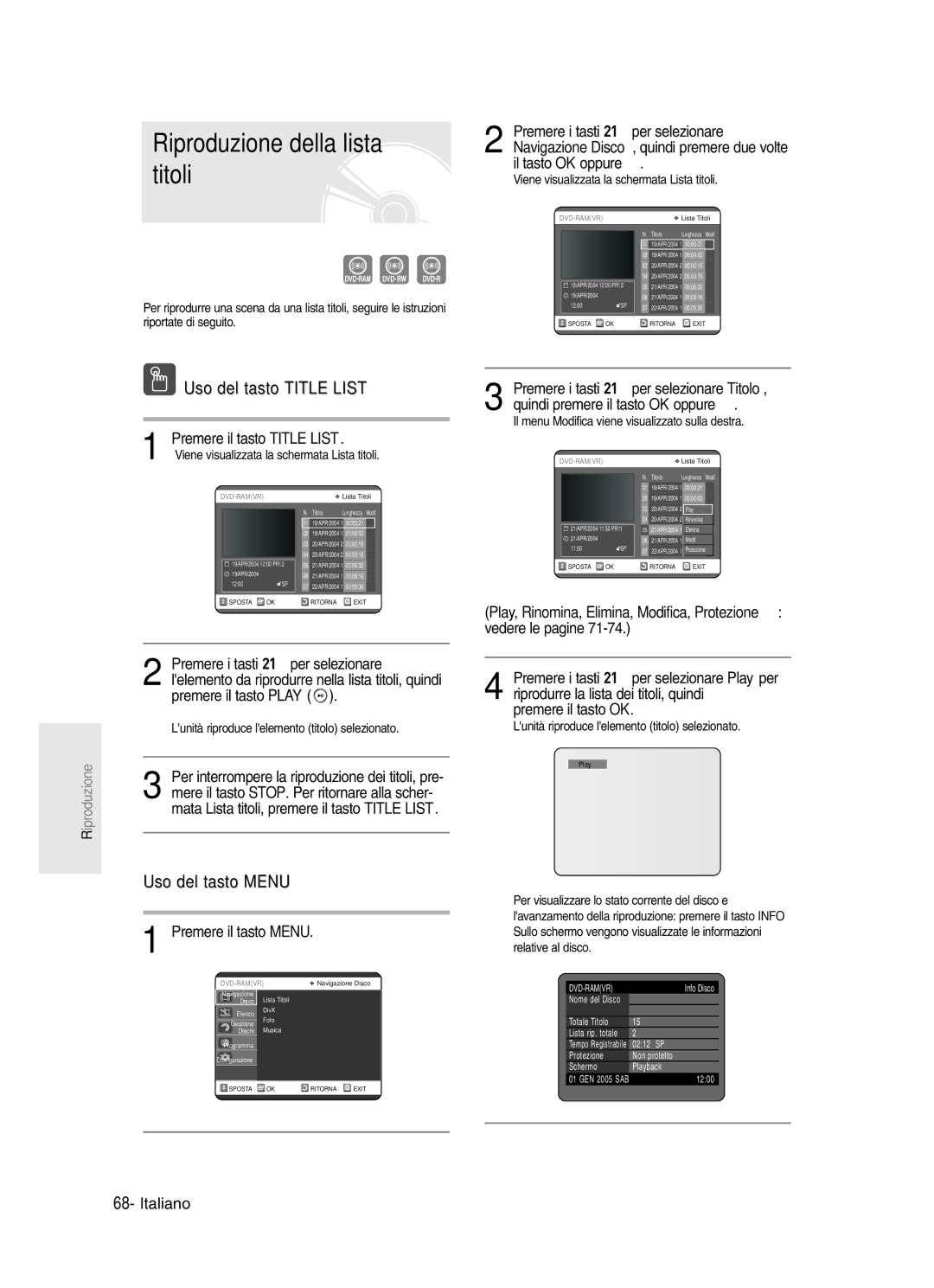 Samsung DVD-R123/XET Riproduzione della lista titoli, Uso del tasto Title List, Uso del tasto Menu, Premere il tasto Menu 