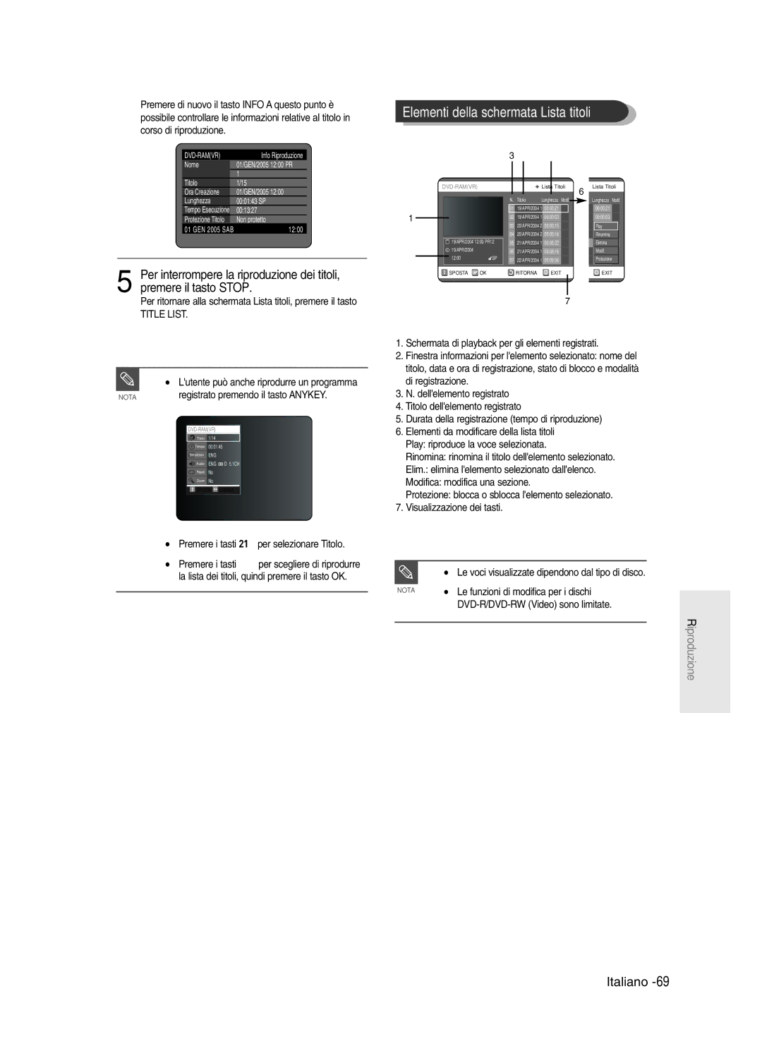 Samsung DVD-R121/XET manual Elementi della schermata Lista titoli, Per interrompere la riproduzione dei titoli, Title List 