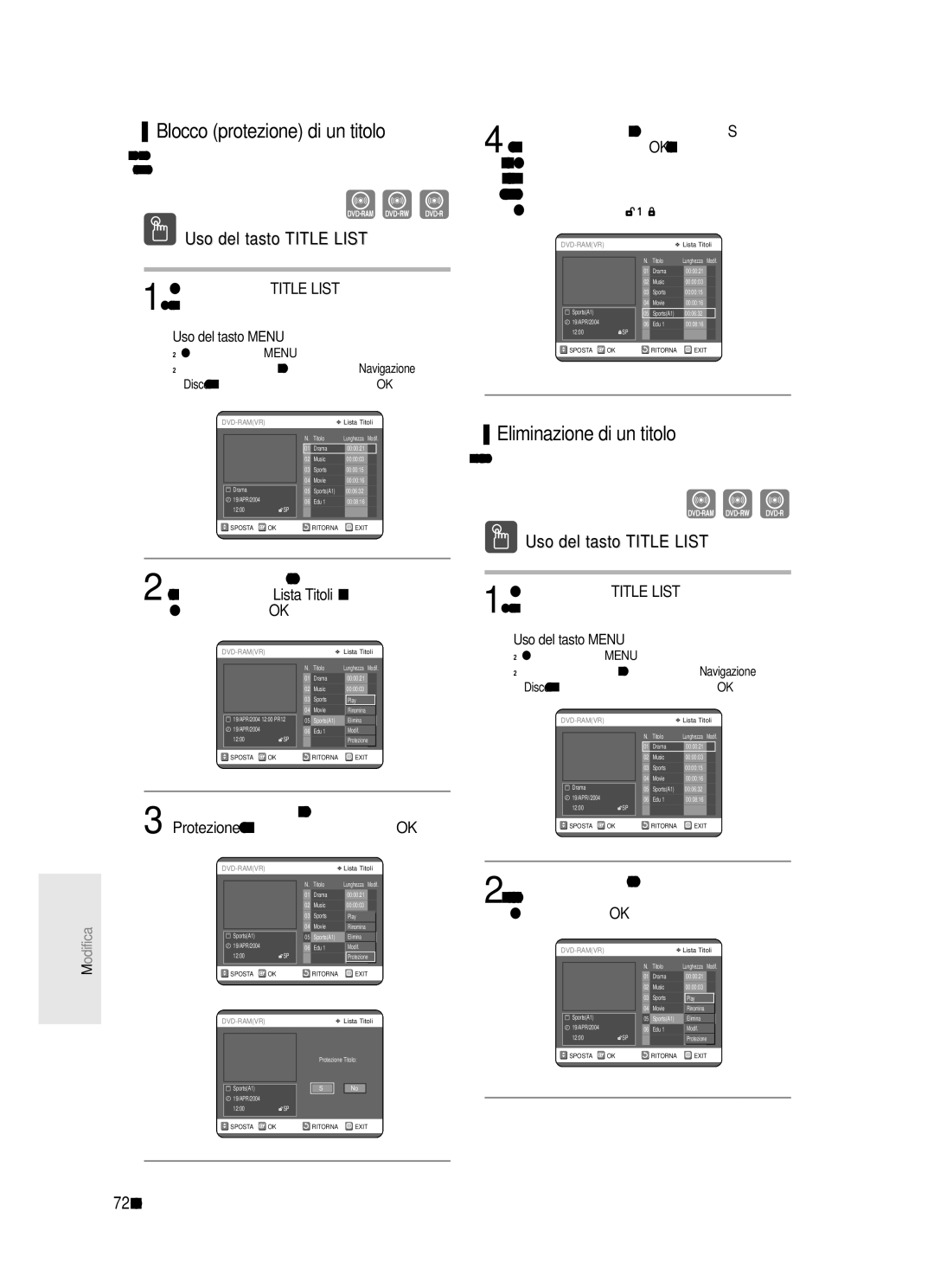 Samsung DVD-R123/XET, DVD-R121/XET manual Blocco protezione di un titolo, Eliminazione di un titolo 