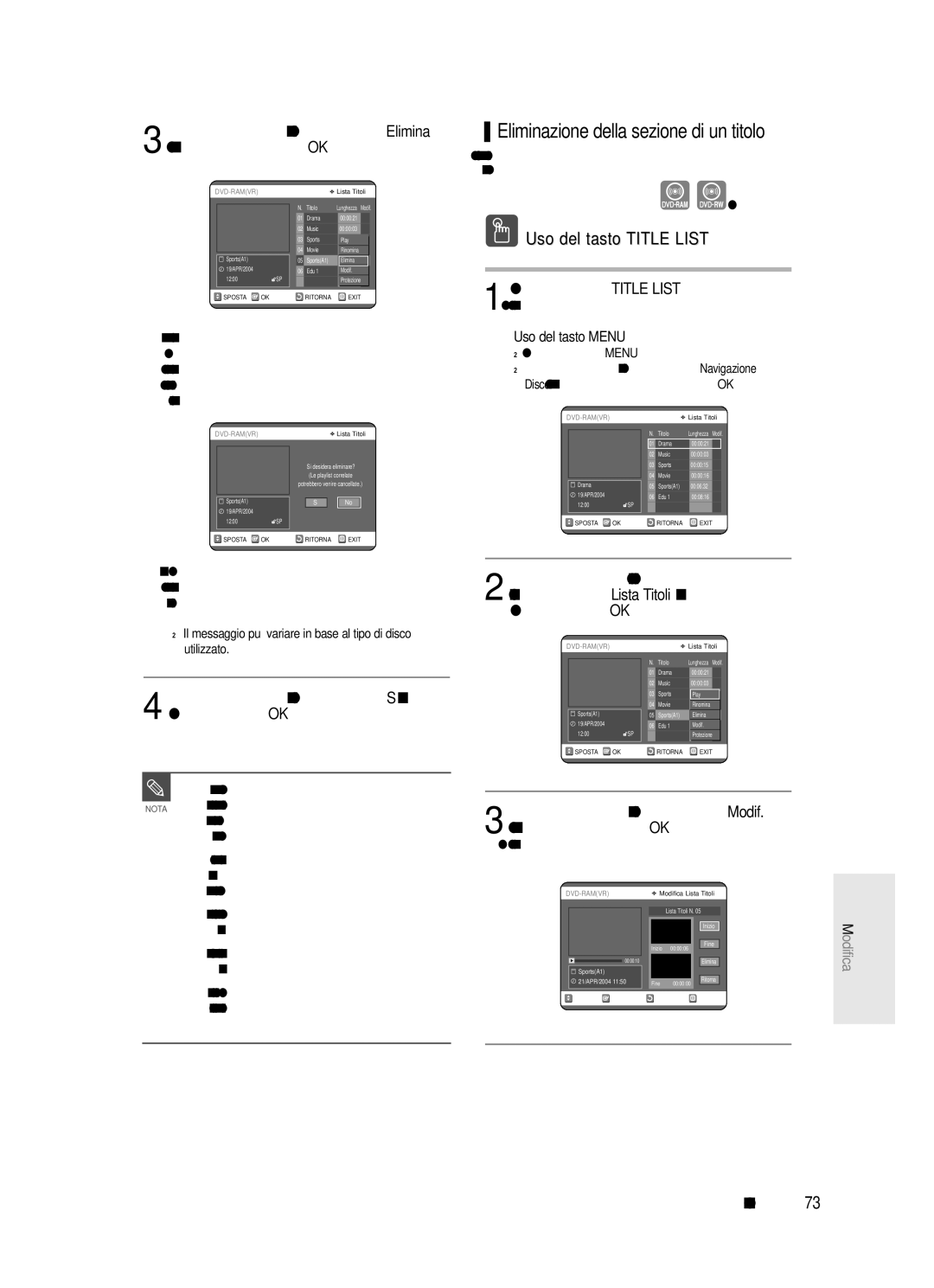 Samsung DVD-R121/XET, DVD-R123/XET manual Eliminazione della sezione di un titolo, Modalità VR, Titolo. Vedere a pagina 