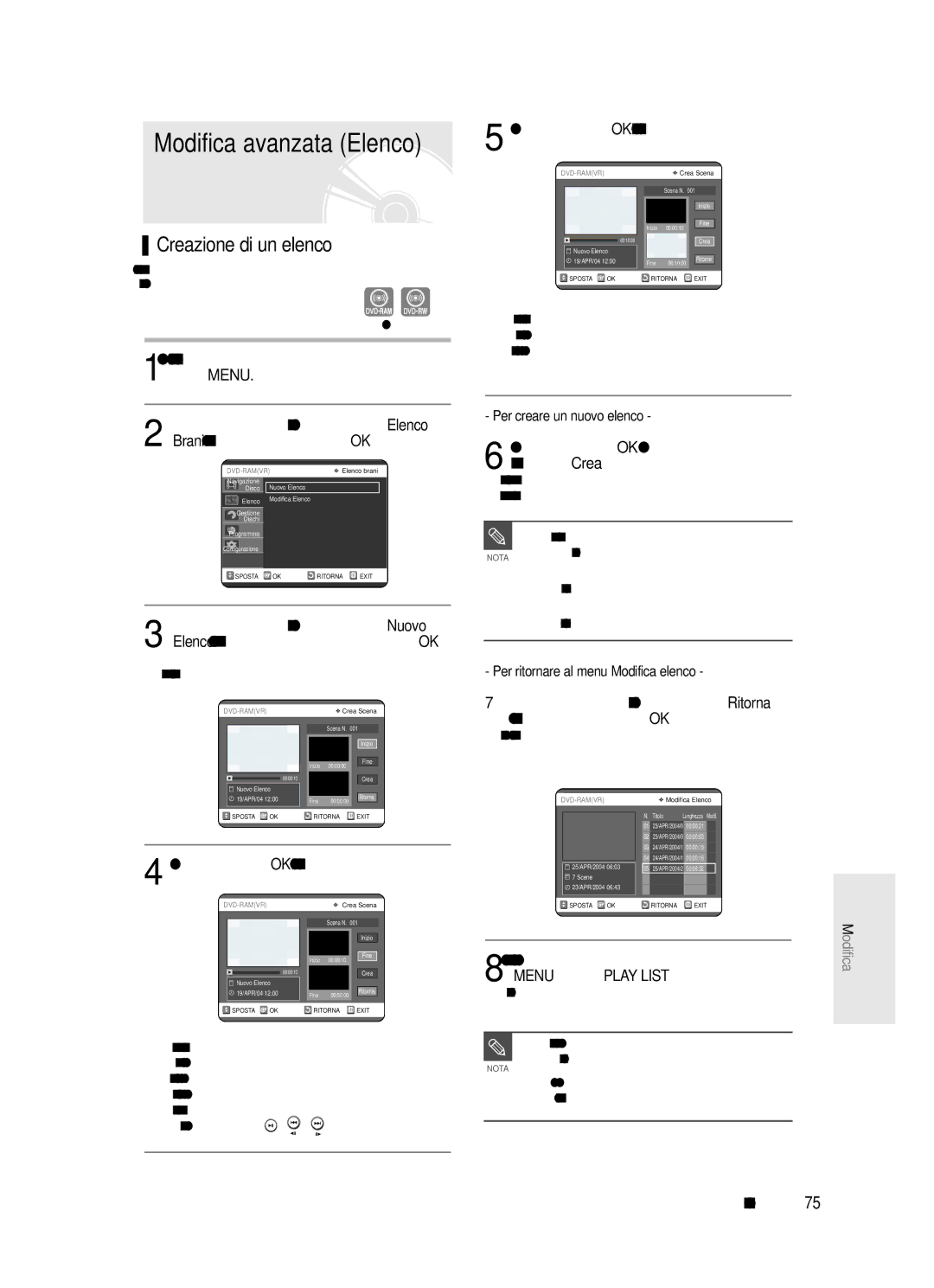 Samsung DVD-R121/XET, DVD-R123/XET manual Creazione di un elenco, Con lunità in modalità di arresto, premere il tasto Menu 