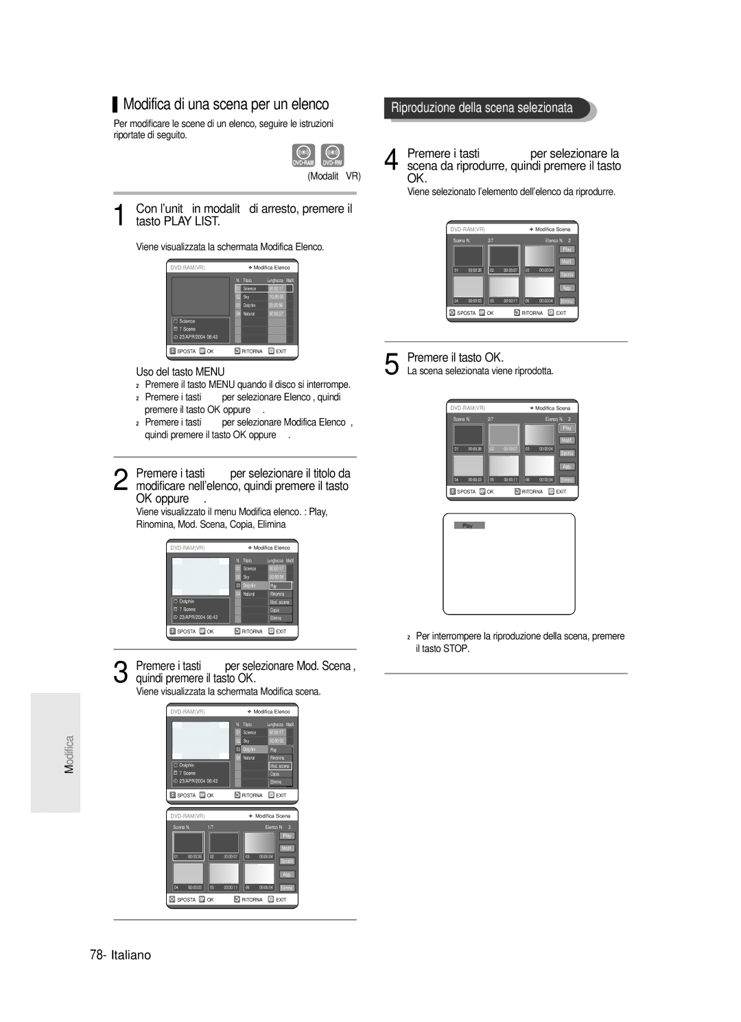 Samsung DVD-R123/XET, DVD-R121/XET manual Riproduzione della scena selezionata, Premere il tasto OK 