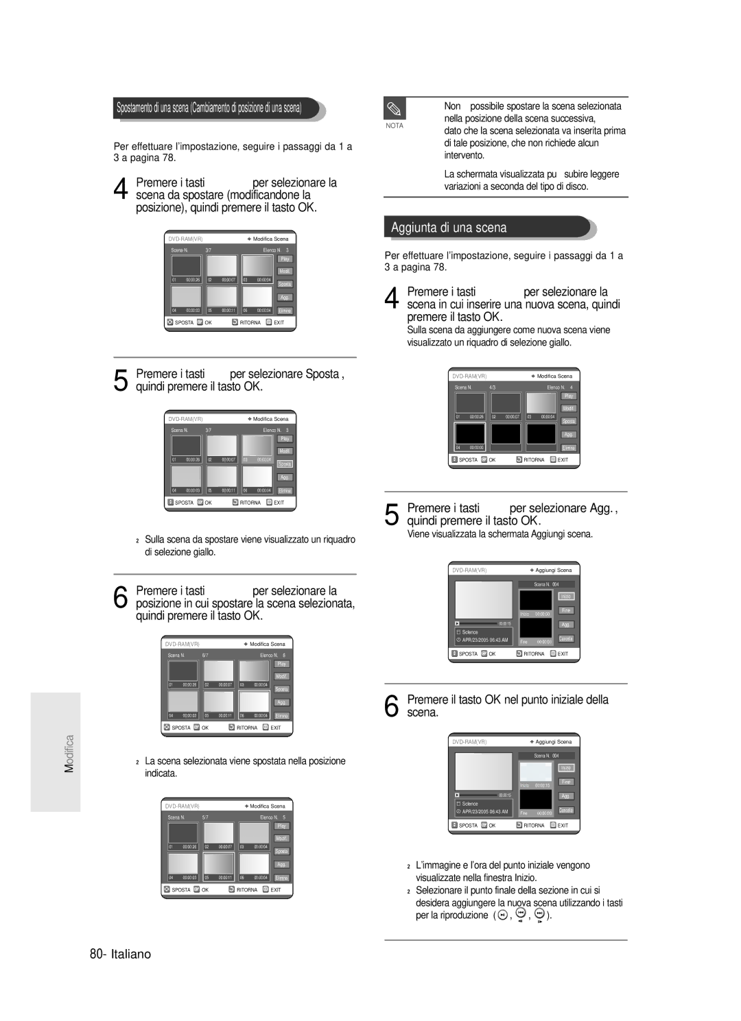 Samsung DVD-R123/XET manual Aggiunta di una scena, Premere i tasti …† œ √ per selezionare la, Quindi premere il tasto OK 