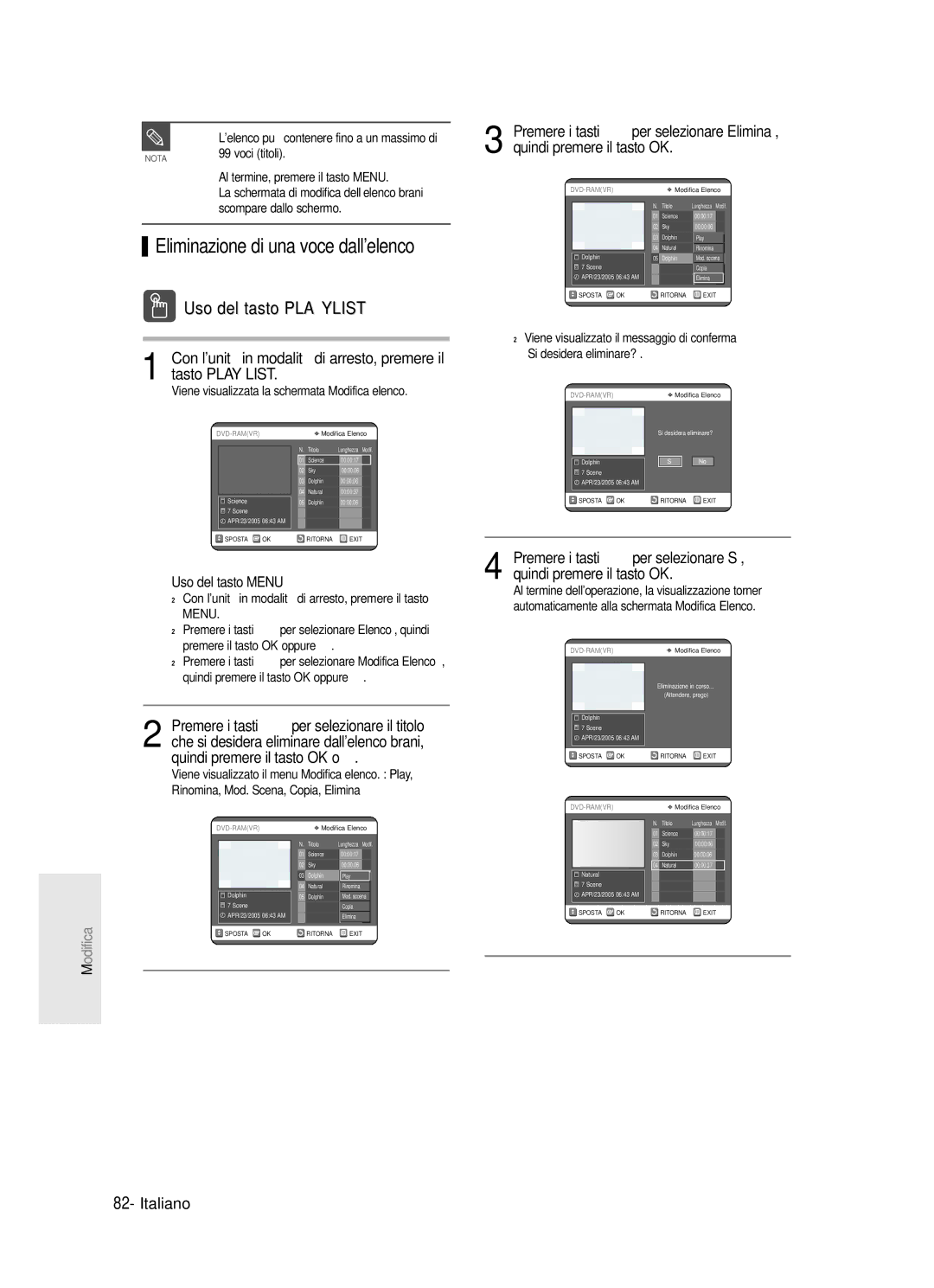 Samsung DVD-R123/XET Eliminazione di una voce dallelenco, Uso del tasto Playlist, Voci titoli, Scompare dallo schermo 