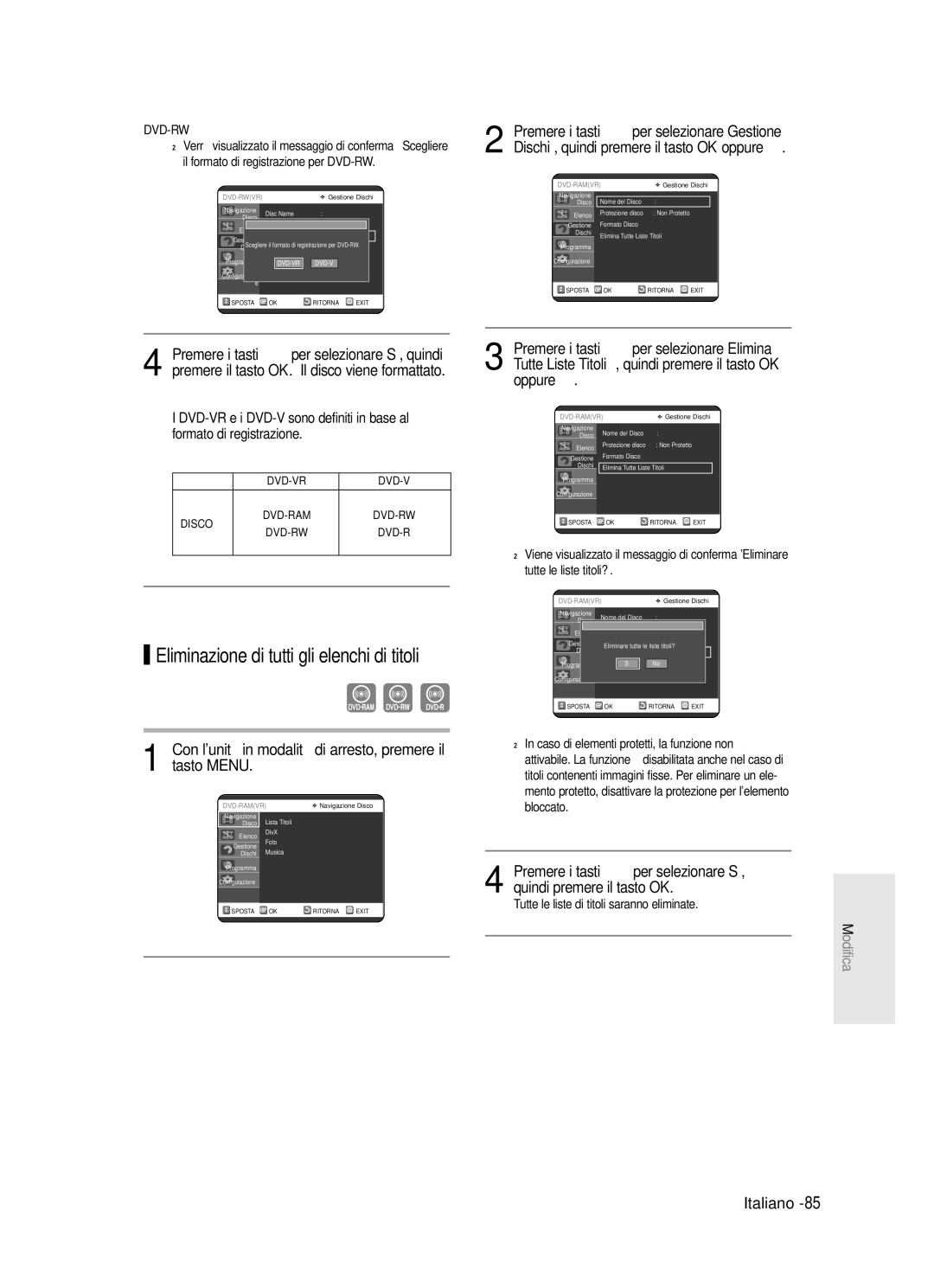 Samsung DVD-R121/XET, DVD-R123/XET manual Dvd-Rw, Tutte le liste di titoli saranno eliminate 