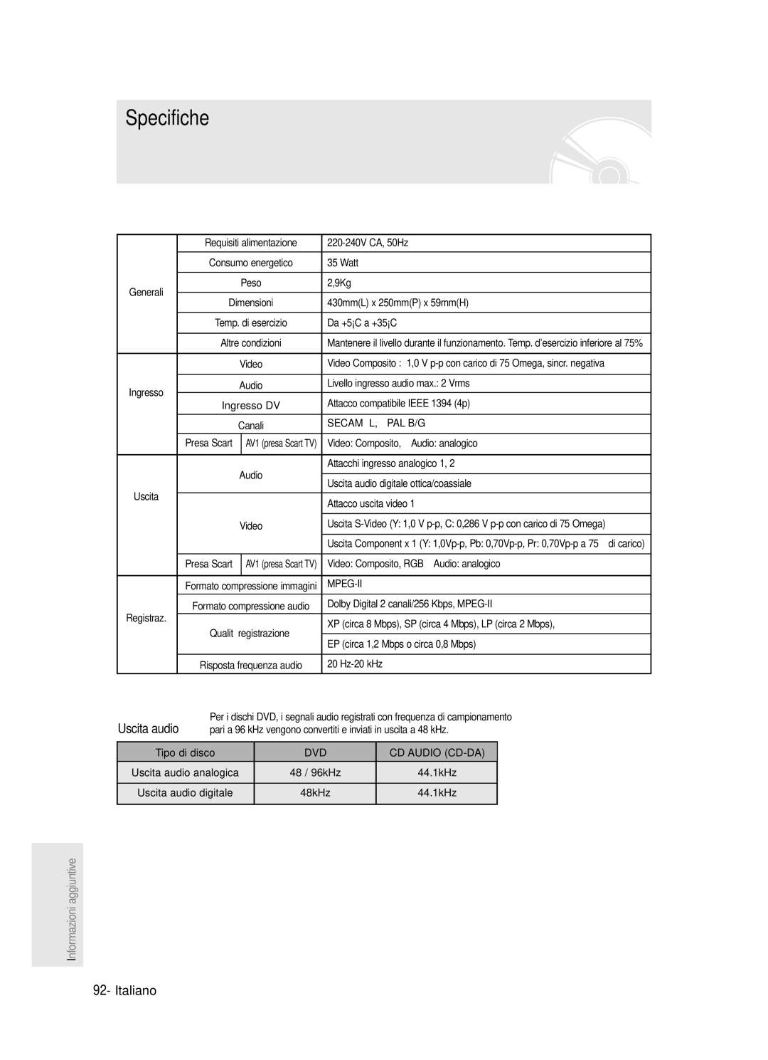 Samsung DVD-R123/XET, DVD-R121/XET manual Specifiche, Secam L, PAL B/G, Mpeg-Ii, DVD CD Audio CD-DA 