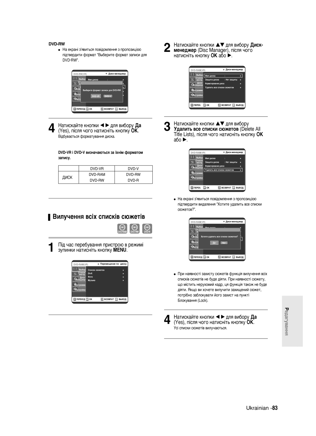 Samsung DVD-R123/XEV manual ÇËÎÛ˜ÂÌÌﬂ ‚Ò¥ı ÒÔËÒÍ¥‚ Ò˛ÊÂÚ¥‚, ¥‰·Û‚‡πÚ¸Òﬂ ÙÓÏ‡ÚÛ‚‡ÌÌﬂ ‰ËÒÍ‡, ÌÒ¥ Òôëòíë Ò˛ÊÂÚ¥‚ ‚ËÎÛ˜‡˛Ú¸Òﬂ 