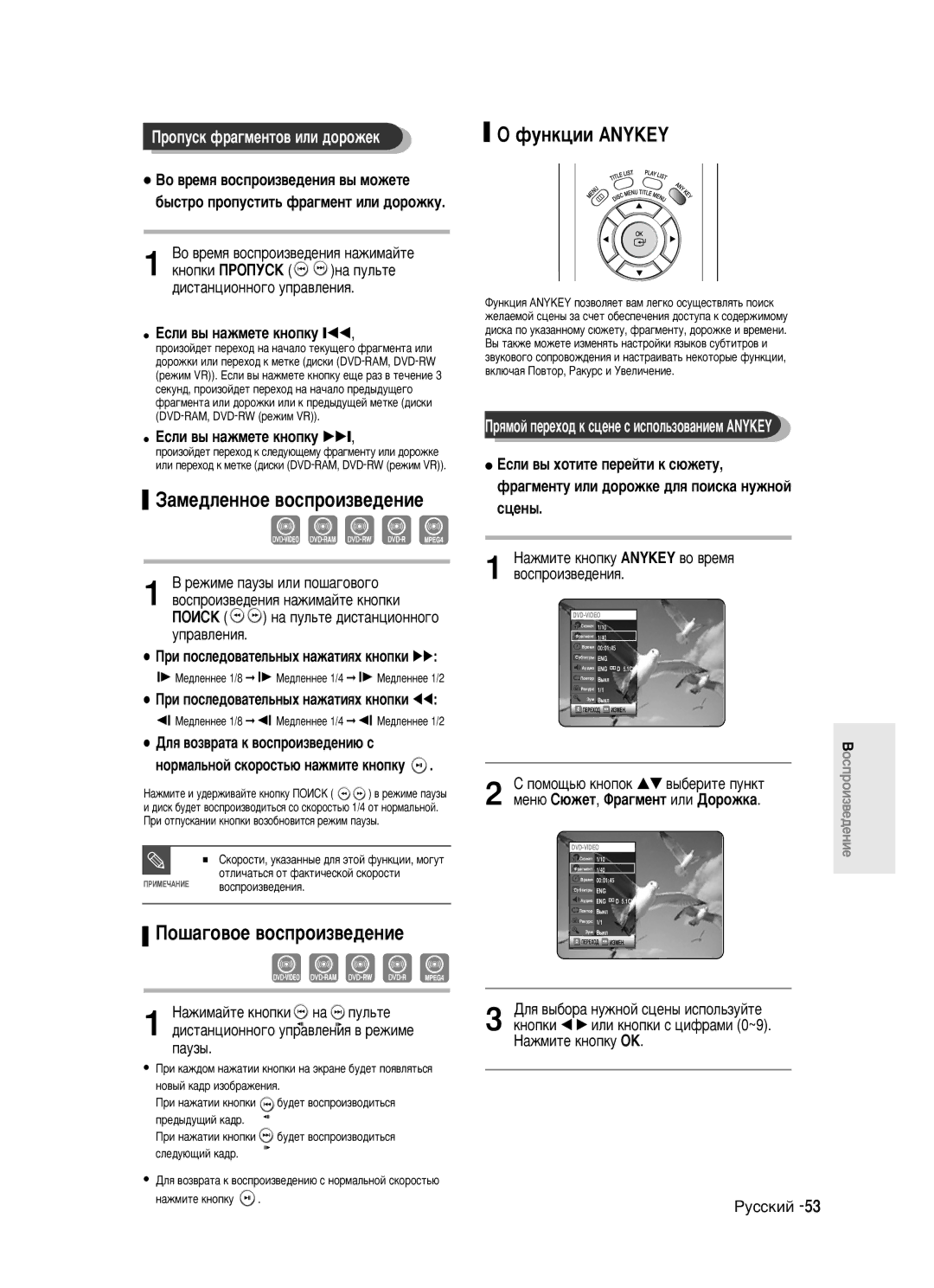 Samsung DVD-R123/XEV manual Èó¯‡„Ó‚Óâ ‚Óòôóëá‚Â‰Âìëâ, ÙÛÌÍˆËË Anykey, Óôûòí Ù‡„Ïâìúó‚ Ëîë ‰Óóêâí 