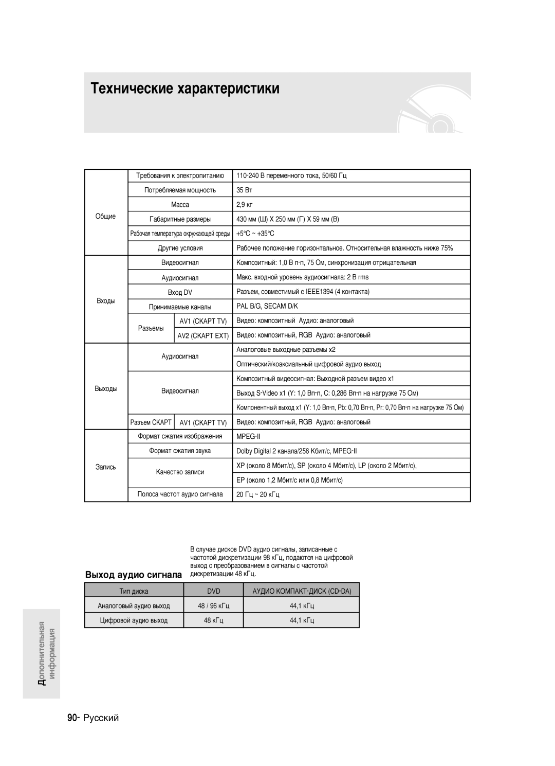 Samsung DVD-R123/XEV manual ÍÂıÌË˜ÂÒÍËÂ ı‡‡ÍÚÂËÒÚËÍË, 90- êÛÒÒÍËÈ 