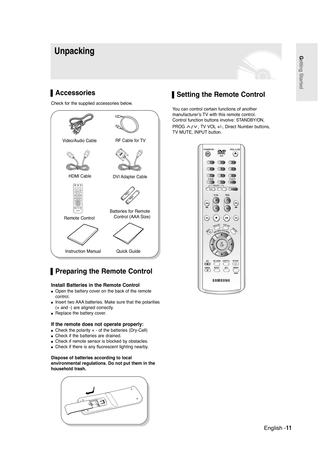 Samsung DVD-R125 instruction manual Unpacking, Accessories, Preparing the Remote Control, Setting the Remote Control 