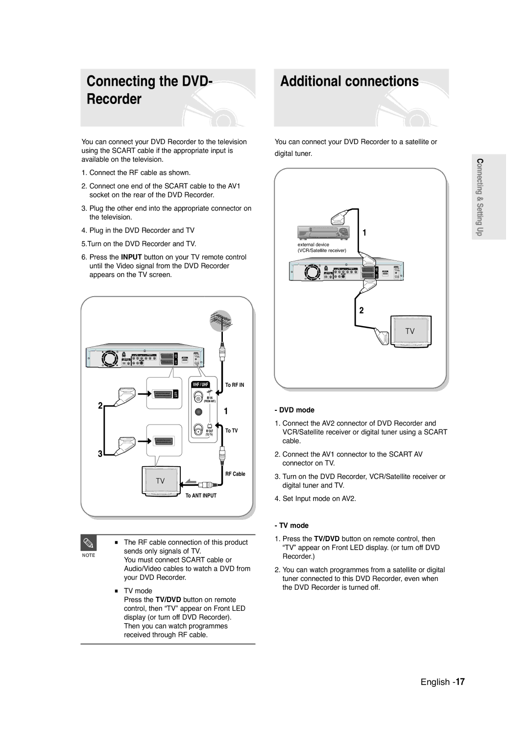 Samsung DVD-R125 instruction manual Connecting the DVD, Recorder, DVD mode, TV mode 