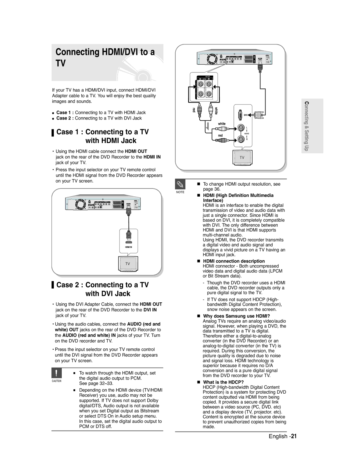 Samsung DVD-R125 instruction manual Connecting HDMI/DVI to a, Case 2 Connecting to a TV, With DVI Jack 