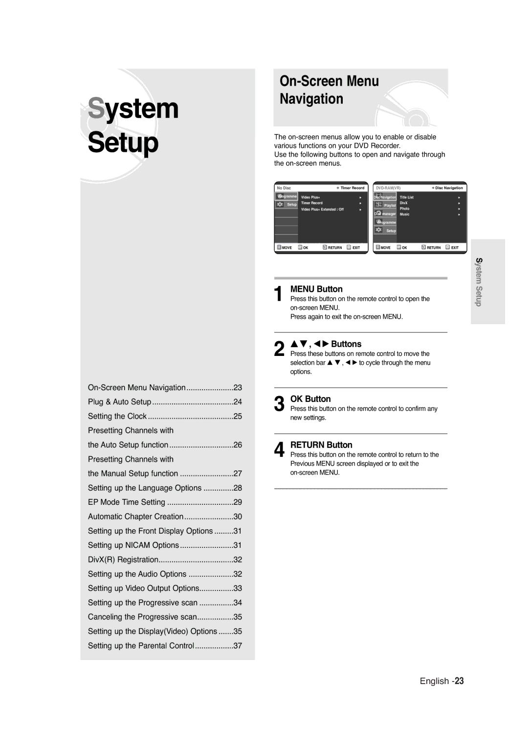 Samsung DVD-R125 On-Screen Menu Navigation, … † , œ √ Buttons, OK Button, Return Button, Auto Setup function 