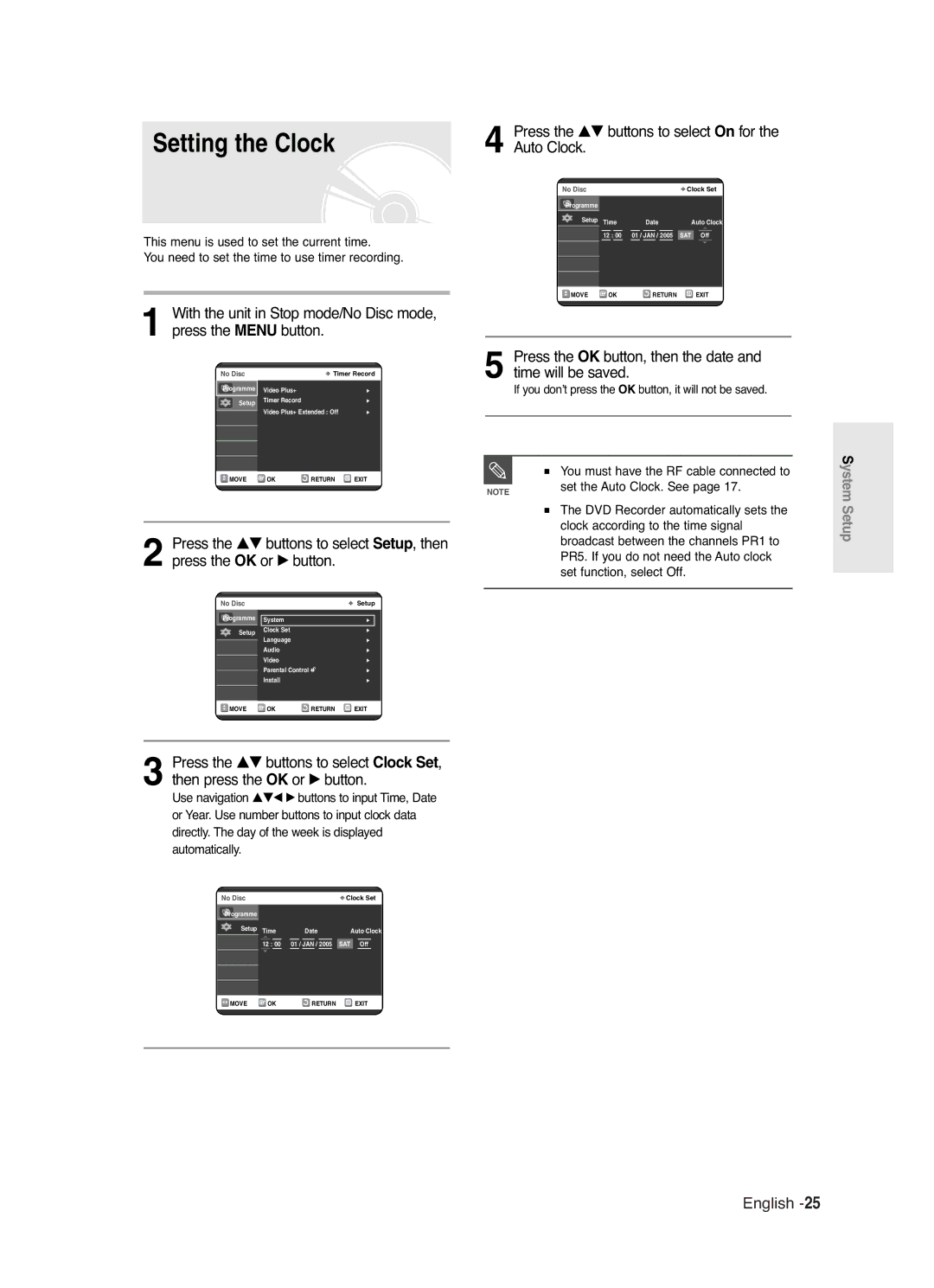 Samsung DVD-R125 instruction manual Setting the Clock, Press the …† buttons to select On for the Auto Clock 