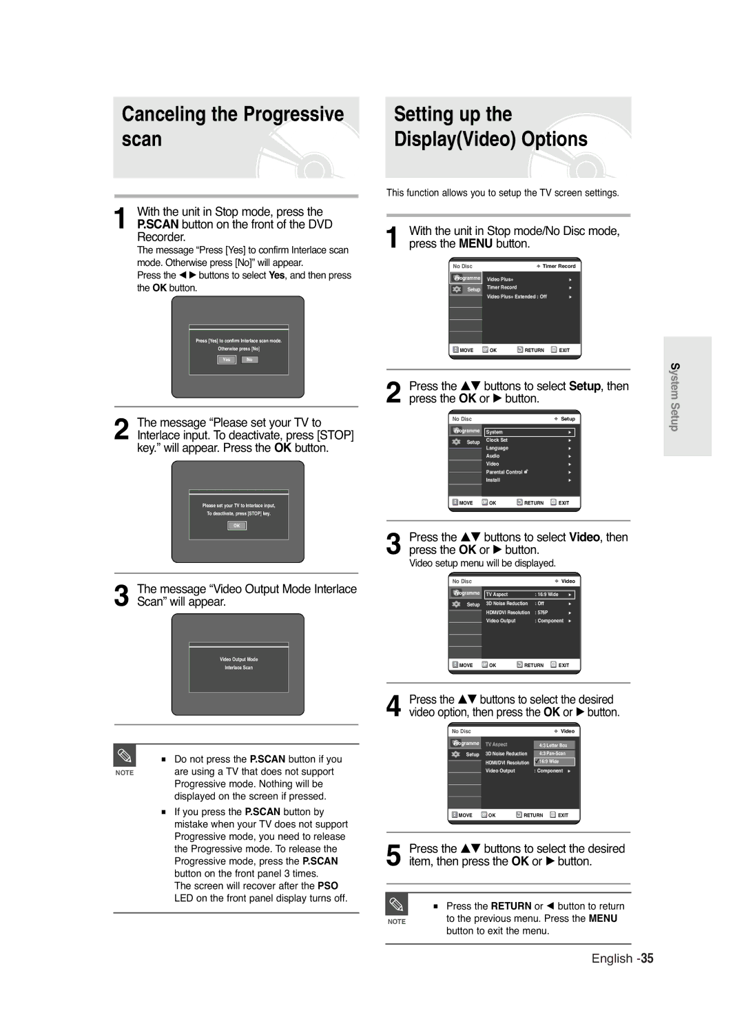 Samsung DVD-R125 instruction manual Canceling the Progressive scan, Message Video Output Mode Interlace Scan will appear 